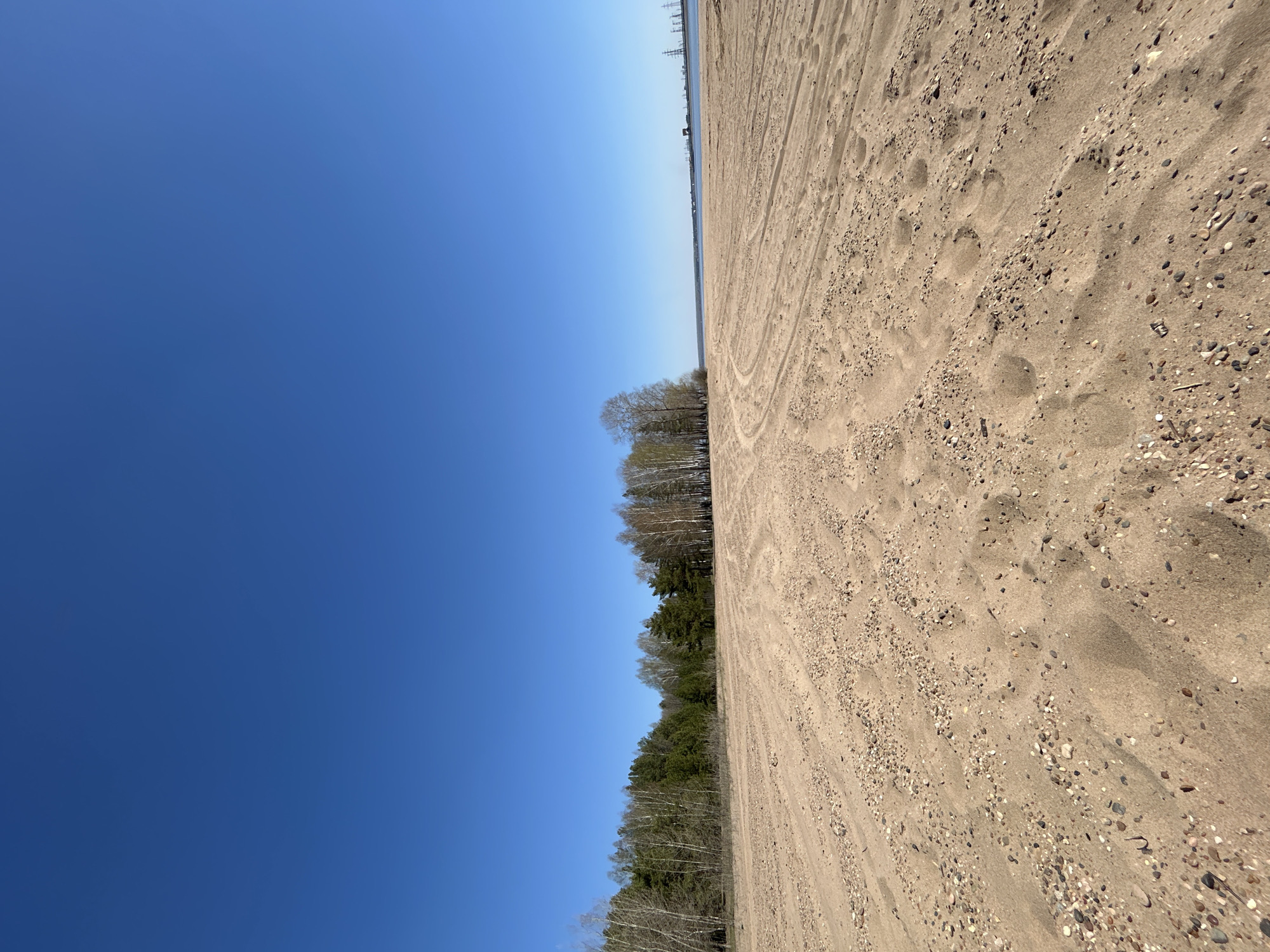 The image presents a landscape scene, bisected diagonally. The upper left section is dominated by a clear, blue sky. Below this is a line of trees of mixed green shades and bare branches. To the right of the trees is sandy ground, marked with tracks. In the distance, along the horizon, appear structures that are possibly the silhouette of buildings and power lines. Based on the location provided, this image is presumed to be of a beach or shoreline in the city of Noviy, Russia.