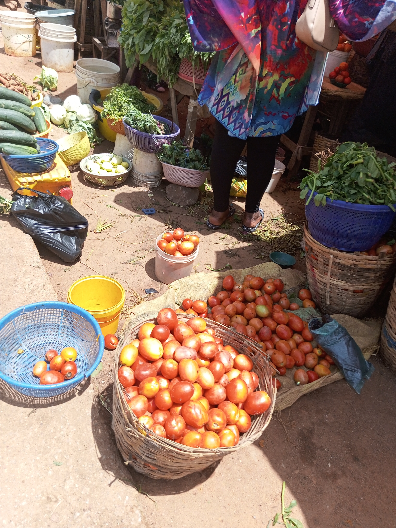 The image depicts an outdoor market stall in Bukuru, Nigeria. A variety of fresh produce is displayed, including tomatoes in baskets and buckets, cucumbers, cabbage, and leafy green vegetables. The ground is sandy and dusty, typical of an open-air market. Several plastic buckets and woven baskets are used to hold and display the goods. In the background, a person is partially visible, wearing a vibrantly patterned top and black leggings, and carrying a light-colored handbag. The overall scene suggests a busy marketplace environment.