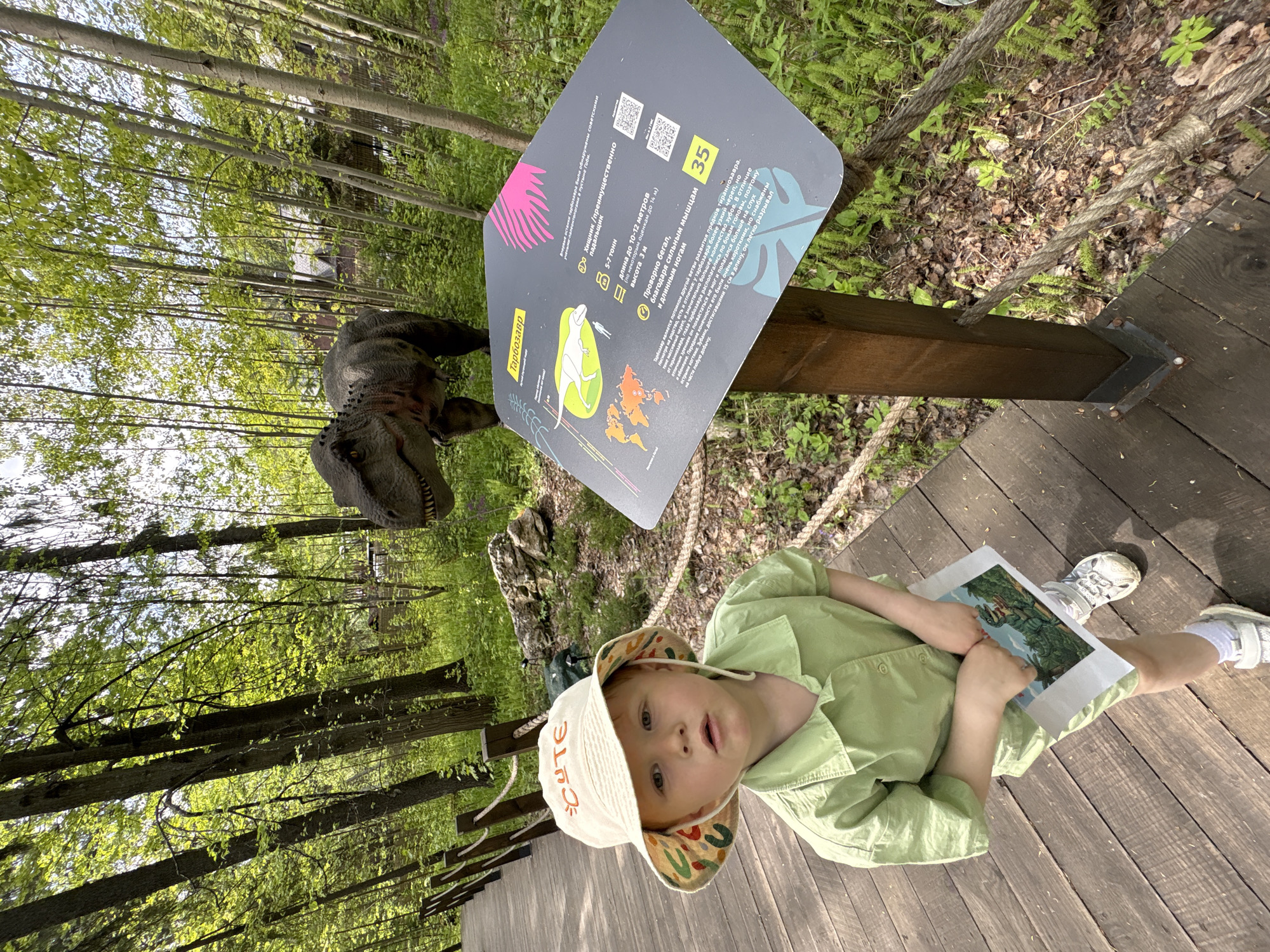 A young child wearing a light green shirt and a light-colored hat with the word "CUTE" on it is lying on a wooden boardwalk near a sign and a dinosaur statue. The child is holding a picture. The sign is about the Tarbosaurus dinosaur and includes a diagram of its geographical distribution, a picture of the dinosaur, and text in Russian. The statue of the dinosaur is brown and appears to be roaring. Tall trees surround the area, suggesting a forest or park setting. Based on the OCR text on the sign being in Russian, the location is likely in a Russian-speaking area. While the prompt mentions Izhevsk, Russia, this cannot be confirmed from the image alone.