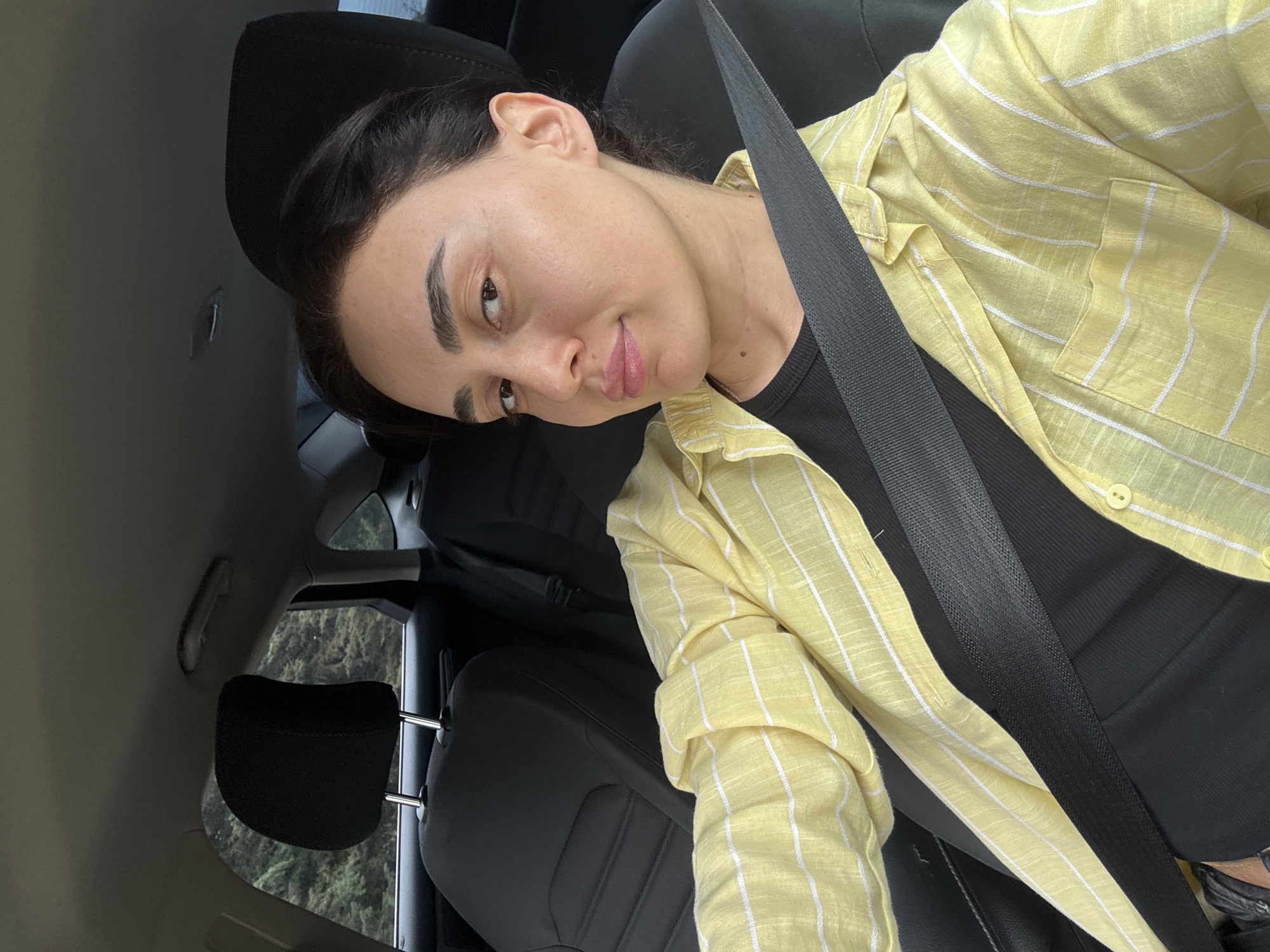 A young woman is depicted in a selfie-style photograph taken inside a car, likely in Tbilisi, Georgia. She is seated in what appears to be the driver's or front passenger seat, looking towards the camera with a subtle smirk or pout. Her head is slightly tilted, and her dark hair is pulled back. She has distinct, dark eyebrows and natural-looking makeup.
She is wearing a light yellow button-up shirt with thin white vertical stripes, layered over a plain black top. A black seatbelt is visible across her chest and shoulder, indicating she is buckled in. The car's interior features dark upholstery on the seats and headrests. Through the back window, lush green foliage and trees are visible, suggesting the car is situated in a natural or suburban environment. The lighting indicates it is daytime. There is no visible text in the image.