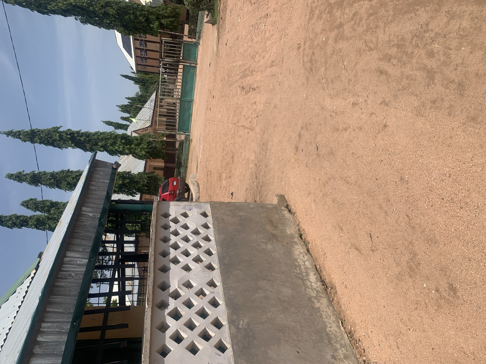 In Jauro Yinu, Nigeria, the image depicts a view of a school compound on a clear, sunny day. A light-colored concrete wall with a decorative diamond pattern runs along the left foreground, with a plain concrete base below it. Behind this wall, a red SUV is parked facing away from the camera. To the right of the wall, a dirt path leads towards a green metal gate. Beyond the gate, several school buildings with corrugated metal roofs are visible, interspersed with tall, slender evergreen trees. The ground is covered in reddish-brown dirt, with tire tracks visible on the path leading to the gate. The sky is a pale blue with no clouds.