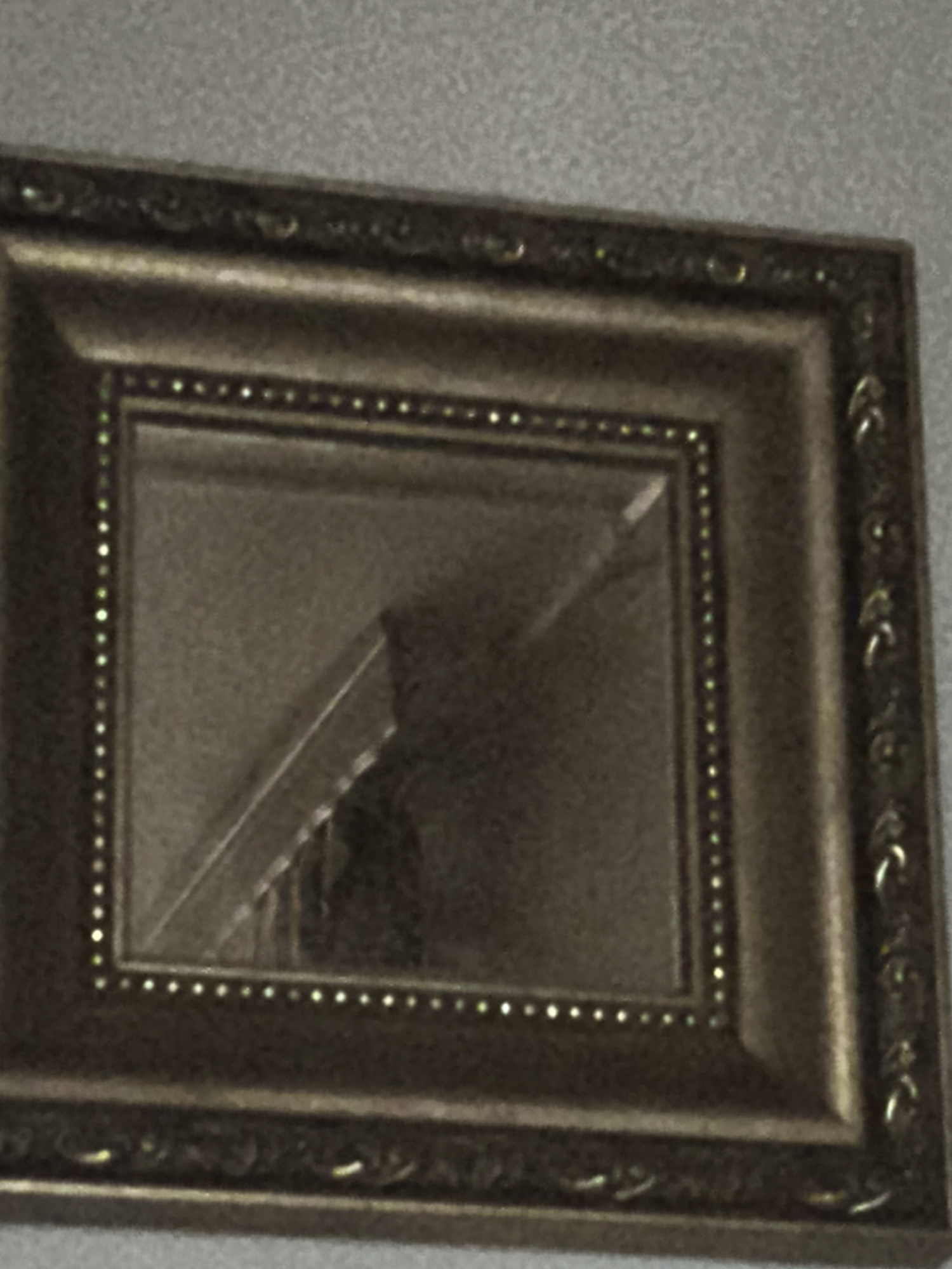 A rectangular mirror with an ornate, dark brown frame hangs on a textured, gray wall. The mirror is positioned horizontally and reflects a staircase and a dimly lit interior. The frame is embellished with a patterned border and decorative elements on its edges. The surface of the mirror appears slightly dusty or smudged, affecting the clarity of the reflection. The overall lighting is subdued, casting a shadow on the wall behind the mirror. The image is grainy, suggesting it was taken in low light conditions or with a low-resolution camera.
