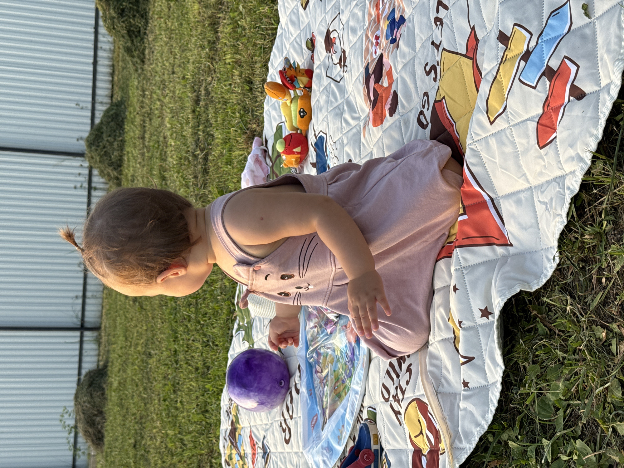 An infant sits on a picnic blanket in a grassy yard with a light-colored metal fence in the background. The infant, facing away from the camera, wears a pink sleeveless dress with a cat face design. To the infant's left is a purple ball and a water play mat. To the infant's right are several small plush toys and a blue and red Croc shoe. The blanket has a pattern of cartoon animals and the words "LET'S GO". The environment appears to be outdoors with natural light. This location is identified as Podshivalovo, Russia.