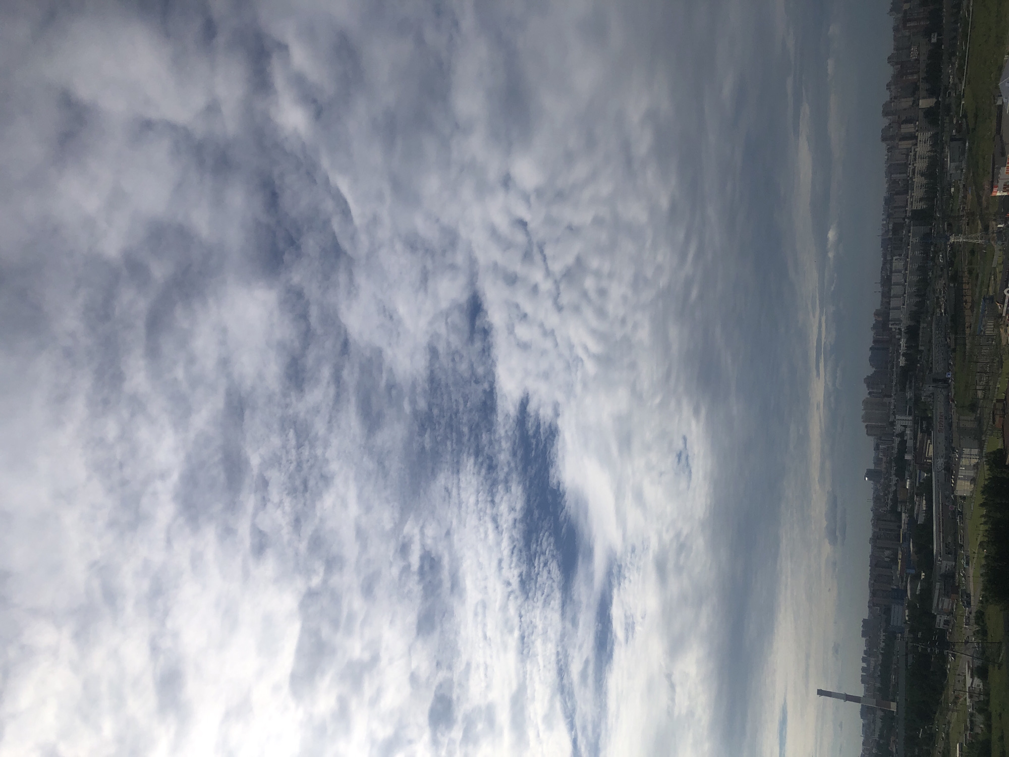 The media file is a vertical, landscape orientation photograph taken outdoors. The majority of the image is filled with a cloudy sky. The clouds are varied in texture and density, with some appearing wispy and streaky, while others are more defined and textured, creating a sense of movement and depth. Towards the right side of the frame, a city skyline is visible, stretching horizontally across the image. The buildings appear to be a mix of residential high-rises and industrial structures. Greenery, possibly trees and grass, is present in the foreground and between some of the buildings, suggesting an urban park or undeveloped land within the city. A tall, slender industrial chimney is visible near the bottom center of the frame. The lighting suggests it is daytime, possibly late afternoon or early morning, given the soft, diffused light filtering through the clouds. The overall atmosphere is neutral, conveying a sense of everyday urban life under a dynamic sky. There is no visible text in the image.