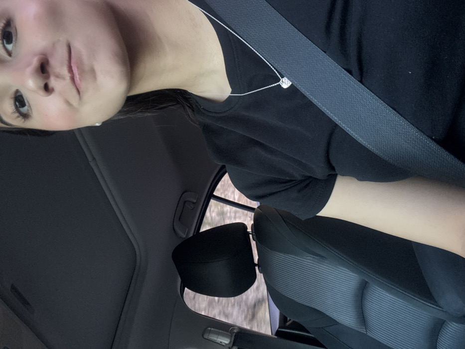 The image captures a female individual inside the passenger compartment of a vehicle, reportedly in the city of Santa Catarina, Mexico. The subject, visible from the chest up, occupies the right side of the frame and appears to be in the front passenger or driver's seat. She has a light complexion, dark eyes, and dark hair, with a subtle smirk or smile. She is wearing a black short-sleeved t-shirt and a silver-colored chain necklace with a heart-shaped pendant. A dark gray seatbelt is fastened diagonally across her chest. A small, light-colored stud earring is visible in her right ear. The vehicle's interior includes a dark gray headliner with a visible sunroof. To the left, an unoccupied front car seat, dark gray with vertical striped fabric detailing, is visible. The external environment, seen through the vehicle's windows, is motion-blurred, displaying indistinct brown and green hues consistent with foliage alongside a road.