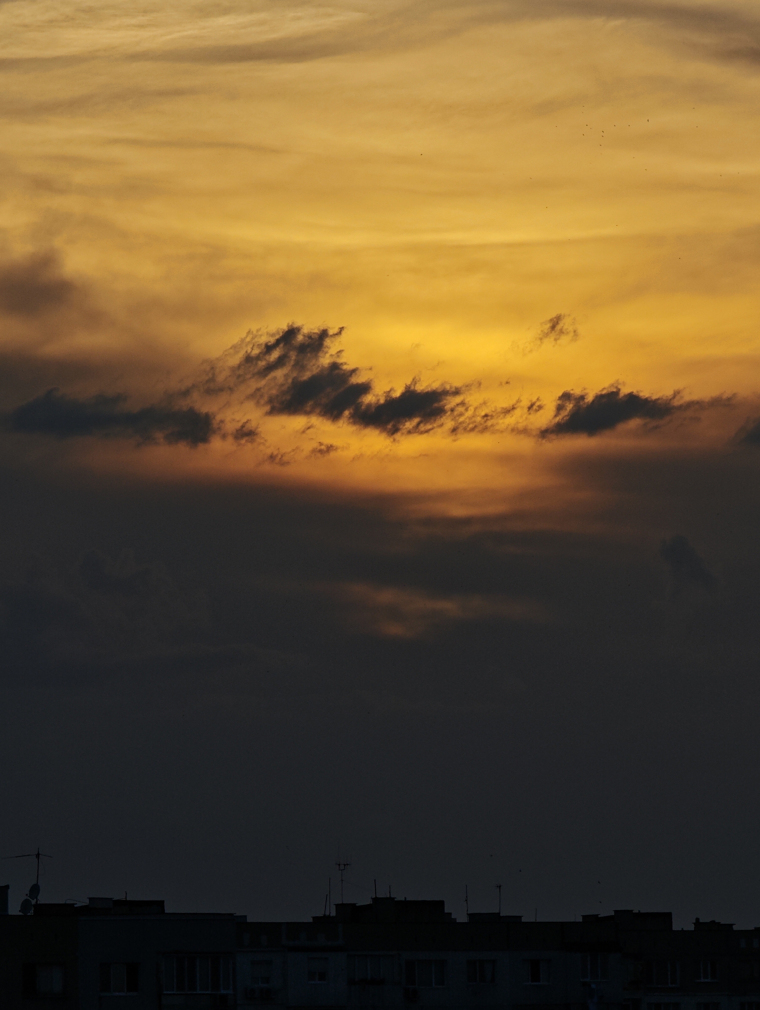 The image depicts a sunset over a cityscape, likely in Sofia, Bulgaria, given the typical architecture visible. The sky is a dramatic display of color, transitioning from a vibrant golden yellow at the top to darker, more muted tones of orange and gray as it descends. Wispy, dark clouds are scattered across the sky, partially obscuring the golden light, creating a layered effect.
Below the sky, the silhouettes of buildings form the lower portion of the frame. These structures appear to be apartment buildings, characterized by flat roofs and visible windows. Various antennas and satellite dishes are perched on top of these buildings, indicating an urban environment. The overall scene is one of dusk settling over the city, with the remaining light of the setting sun casting long shadows and creating a somber, yet beautiful, atmosphere. No people are visible in the image.