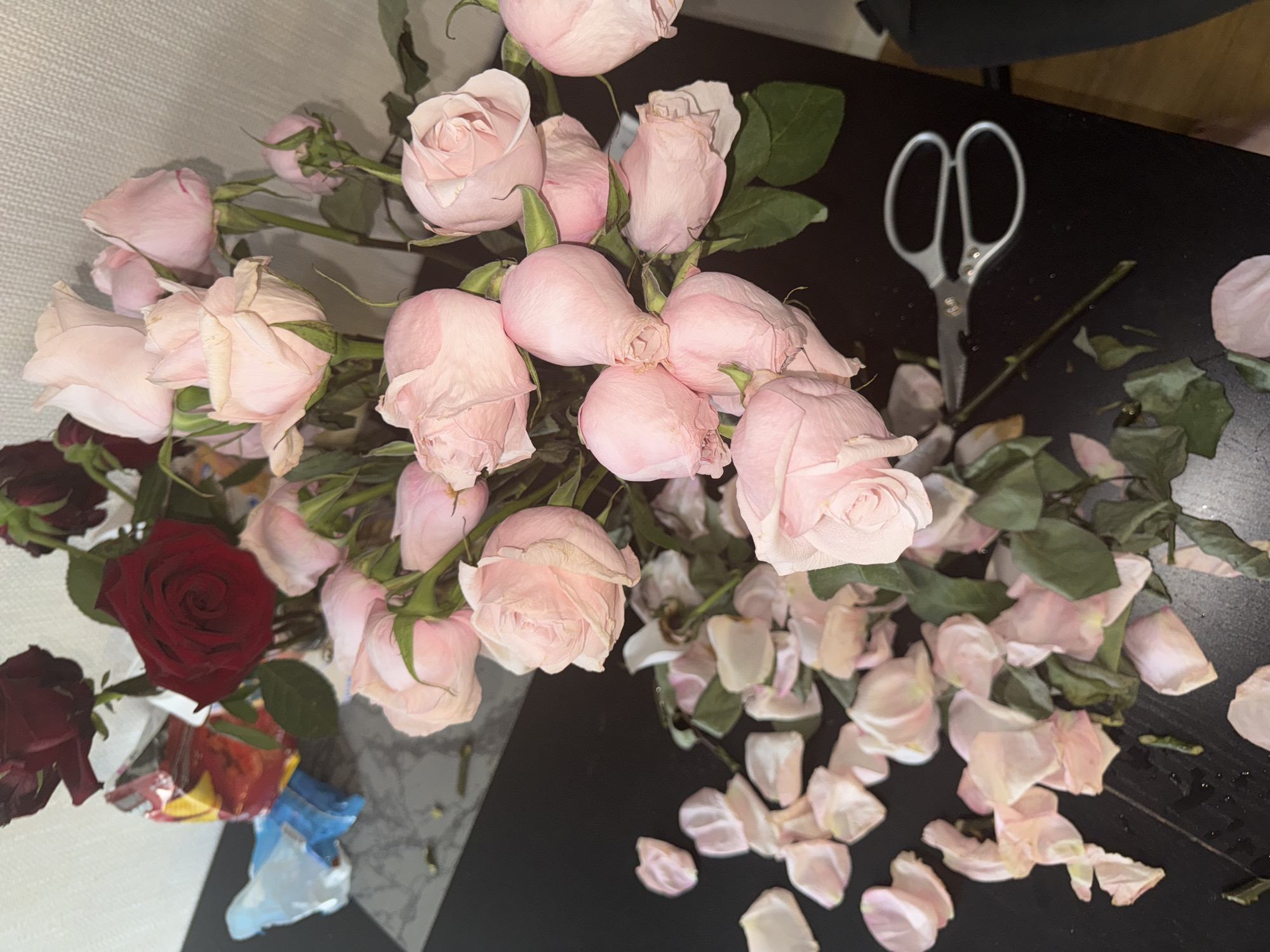 The image depicts a bouquet of wilting pink and red roses scattered across a dark, reflective surface, likely a table. Several fallen rose petals litter the surface, some appearing damp. A pair of silver scissors lies near the center of the frame, positioned beside a severed rose stem. In the upper left corner, partially visible packaging for candy or snacks is present, along with a crumpled blue plastic item. The background is a textured, neutral-colored wall. The scene appears to be an indoor setting. There is no information in the image to determine the city of Perm, Russia.