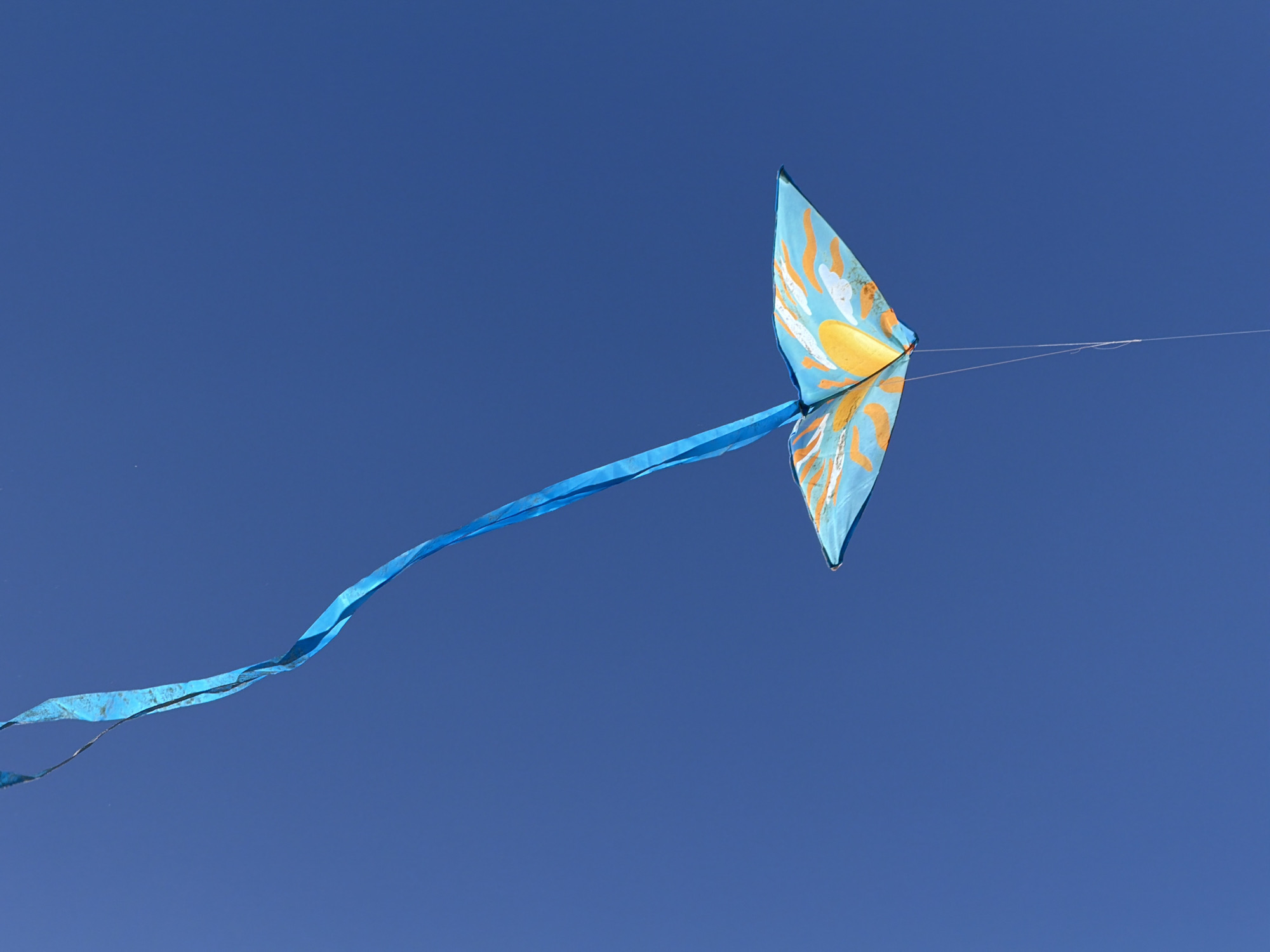 A kite flies against a cloudless, deep blue sky. The kite has a butterfly-like shape and is light blue with orange and yellow designs on its wings. A long, blue tail streams behind it. The scene is likely in Tel-Aviv, Israel due to the deep blue sky which is a prevalent weather pattern.