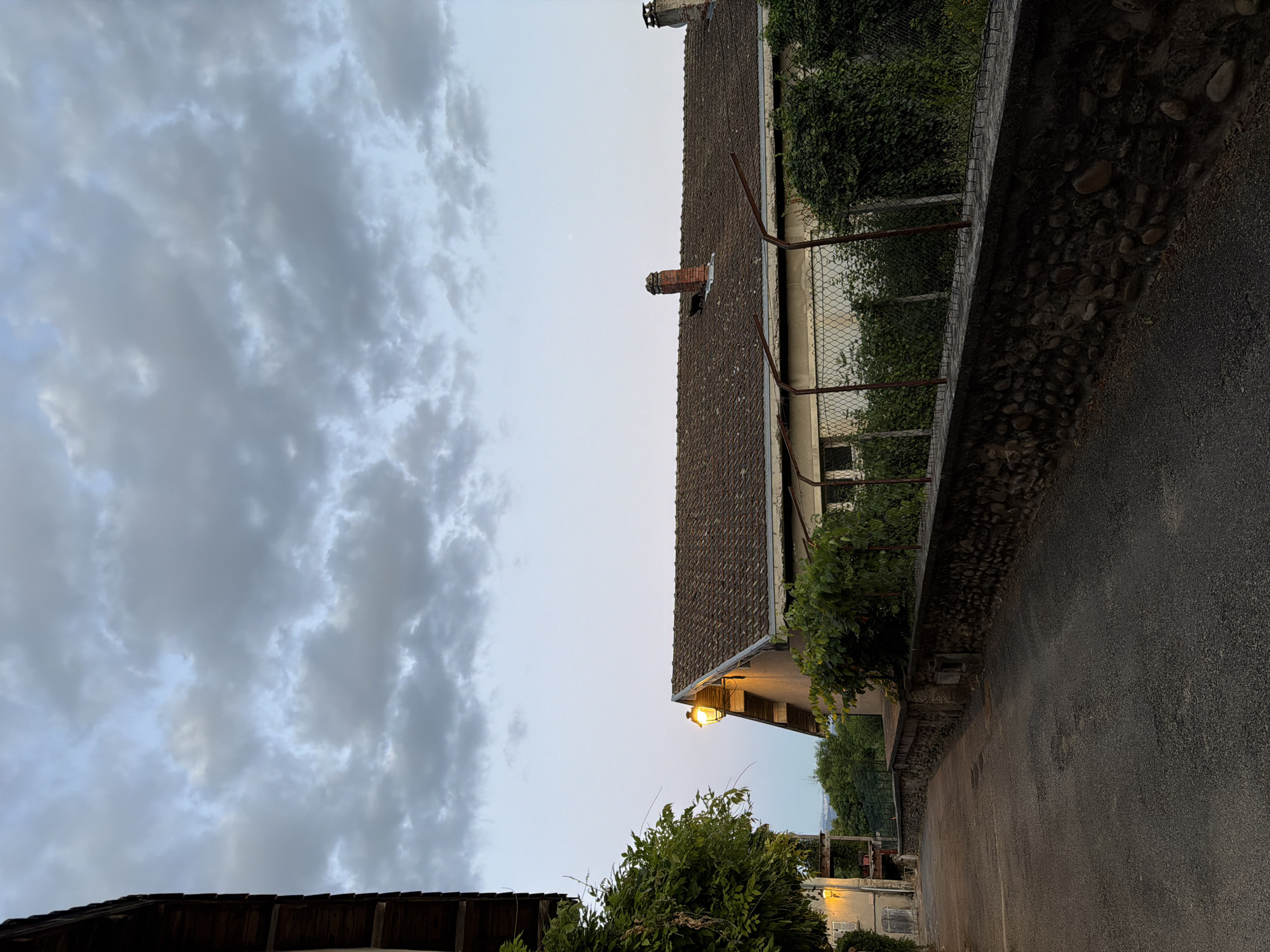 The image depicts a street scene in Saint Antoine l'Abbaye, France, characterized by a paved road curving to the left and a low stone wall bordering its right side. Overhead, a cloudy sky dominates the upper portion of the frame. On the left side of the road, a building with dark wooden eaves is partially visible, with lush green foliage growing on its facade. A street lamp illuminates the front of this building. Further down the street, another building with a lit window and green vines is seen. Across the road, a single-story building with a tiled roof features a brick chimney and a fence made of chain-link mesh. Green bushes and vines grow along the fence and the stone wall. A black cat is visible on the roof of the building with the chimney, near its base. The lighting suggests it is dusk or early morning.
