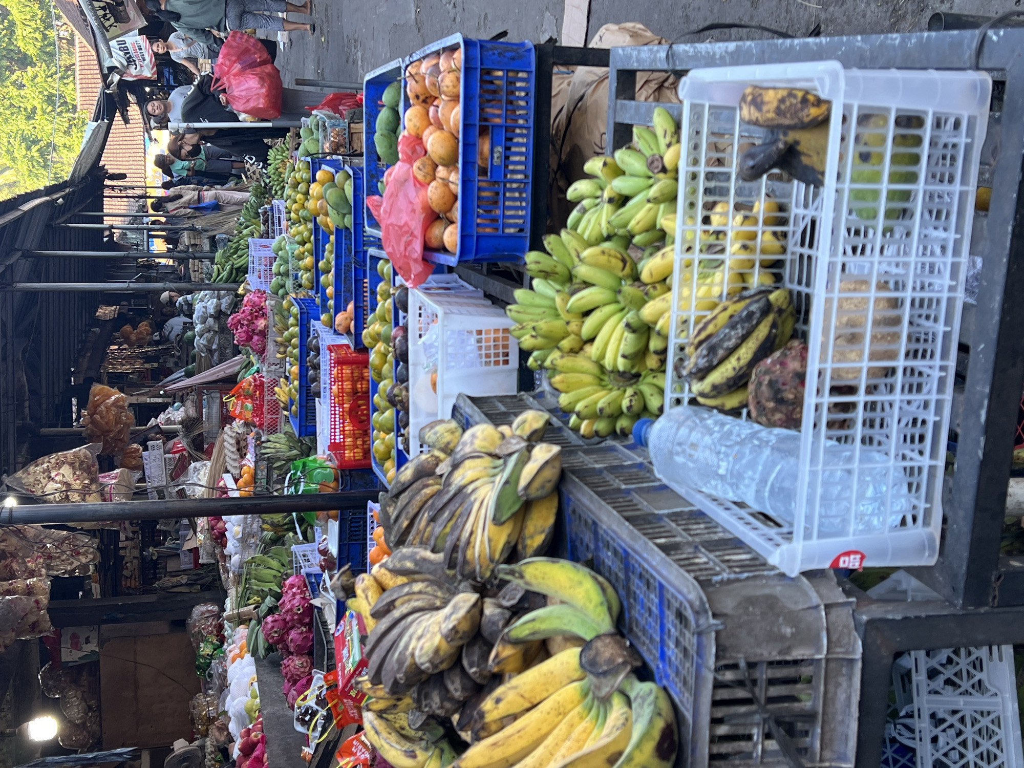 This is a medium shot of a fruit and vegetable market stall in Ubud District, Indonesia. The stall is packed with produce, including large bunches of bananas, red dragon fruit, oranges, mangoes, and what appear to be avocados. The fruits are displayed in blue and white plastic crates, some of which are stacked on top of each other. Several people are visible in the background, including women shopping and vendors. The market appears to be outdoors, under a covered structure with natural lighting. The ground is paved, and there are other market stalls and buildings in the distance. A plastic bottle of water is also visible in a white plastic crate in the foreground. The overall scene depicts a vibrant and busy local market.