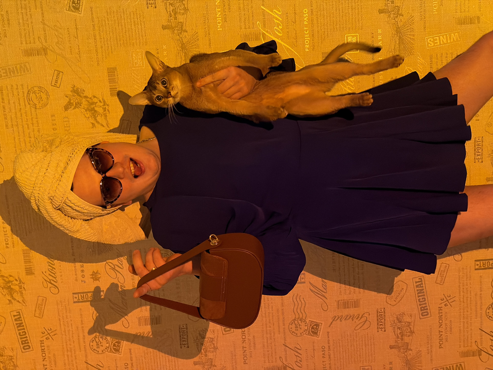 An adult individual and an Abyssinian cat are playfully posed, lying down on a textured surface that resembles wallpaper. The person, appearing to be female, is positioned horizontally across the frame, wearing a dark blue pleated dress and a light-colored turban-style headwrap. Dark sunglasses cover her eyes, and her tongue is playfully visible as her mouth is open. She holds a small, brown structured handbag with her left hand, while her right arm cradles the light brown Abyssinian cat across her torso.
The cat has striking wide eyes and is looking directly at the camera with an alert expression. The background is covered in a warm, yellowish-toned pattern featuring vintage-style wine labels, stamps, and various texts. The warm, artificial lighting casts shadows, suggesting an indoor setting, likely in the evening.
Visible text on the background includes phrases and words such as "WINES", "POINT NORTH", "2013 PINOT NOIR", "Posh", "PROJECT PASO", "Girard", "EXPORT", "ORIGINAL", "LONDON", "NAPA VALLEY", "ZINFANDEL", "SIRERAS", "JOSE", "Marten", and "FASTING", along with barcodes. The scene is situated in Chaikovsky, Russia.
