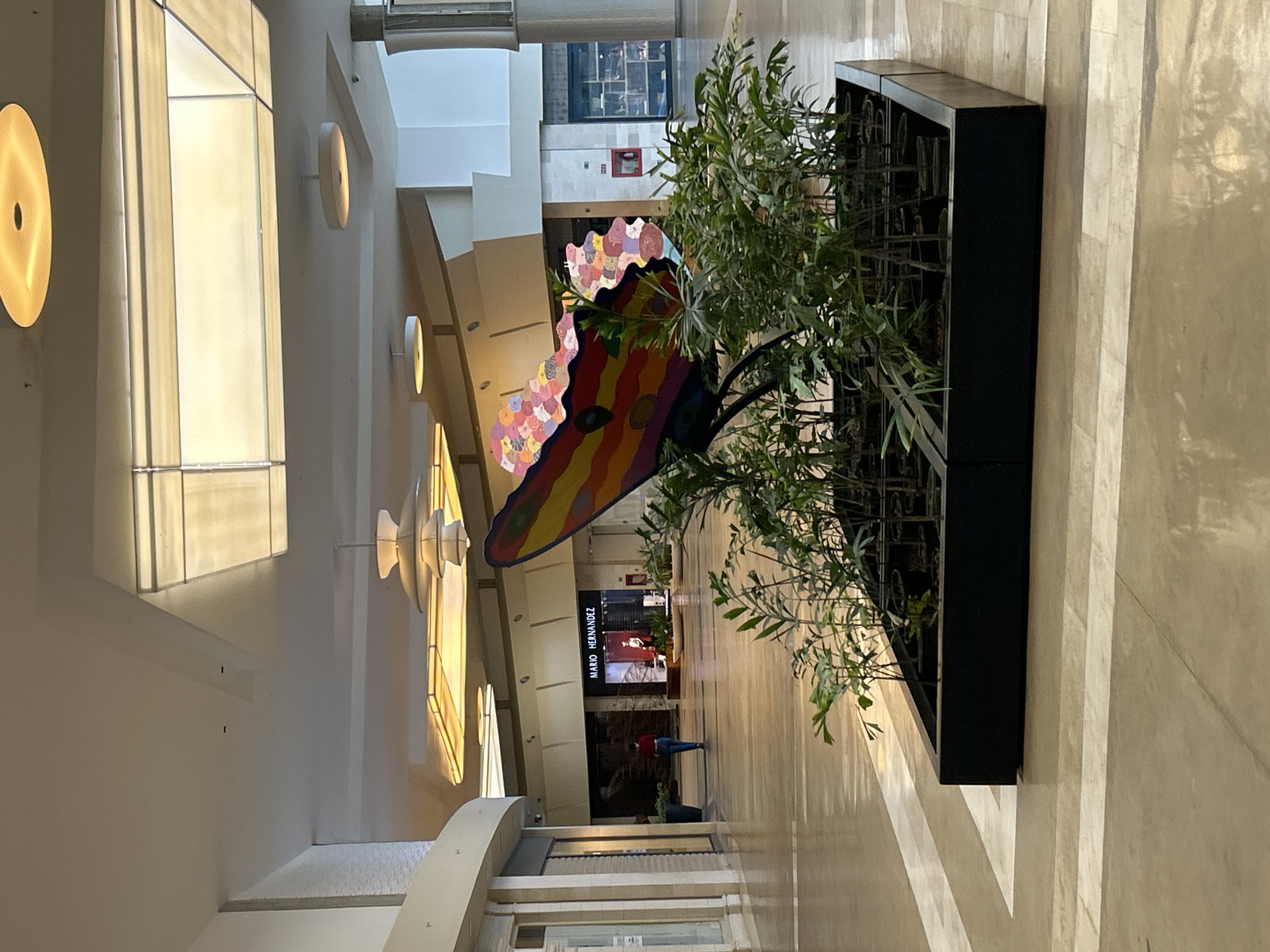 This is a full shot image of the interior of a brightly lit shopping mall, located in Pampatar, Venezuela. The mall features a modern design with a high ceiling that contains large, rectangular light fixtures and round pendant lights. The floor is a light-colored tiled surface with a pattern of cream and white stripes. In the foreground, a large, colorful butterfly sculpture is prominently displayed, with its wings open. The sculpture is made of metal and is decorated with vibrant patterns, including red, orange, yellow, and blue stripes, and the upper portion of its wings are adorned with a mosaic of colorful floral shapes in shades of pink, white, and yellow. The butterfly sculpture is surrounded by a black planter box filled with lush green foliage.
In the background, several shopfronts are visible. One shop has a prominent sign that reads "MARIO HERNANDEZ". A single person, wearing a red shirt and blue jeans, is walking away from the camera in the middle ground, heading towards the "MARIO HERNANDEZ" store. The overall atmosphere of the mall appears quiet and serene. The lighting is soft and ambient, creating a calm and inviting environment.