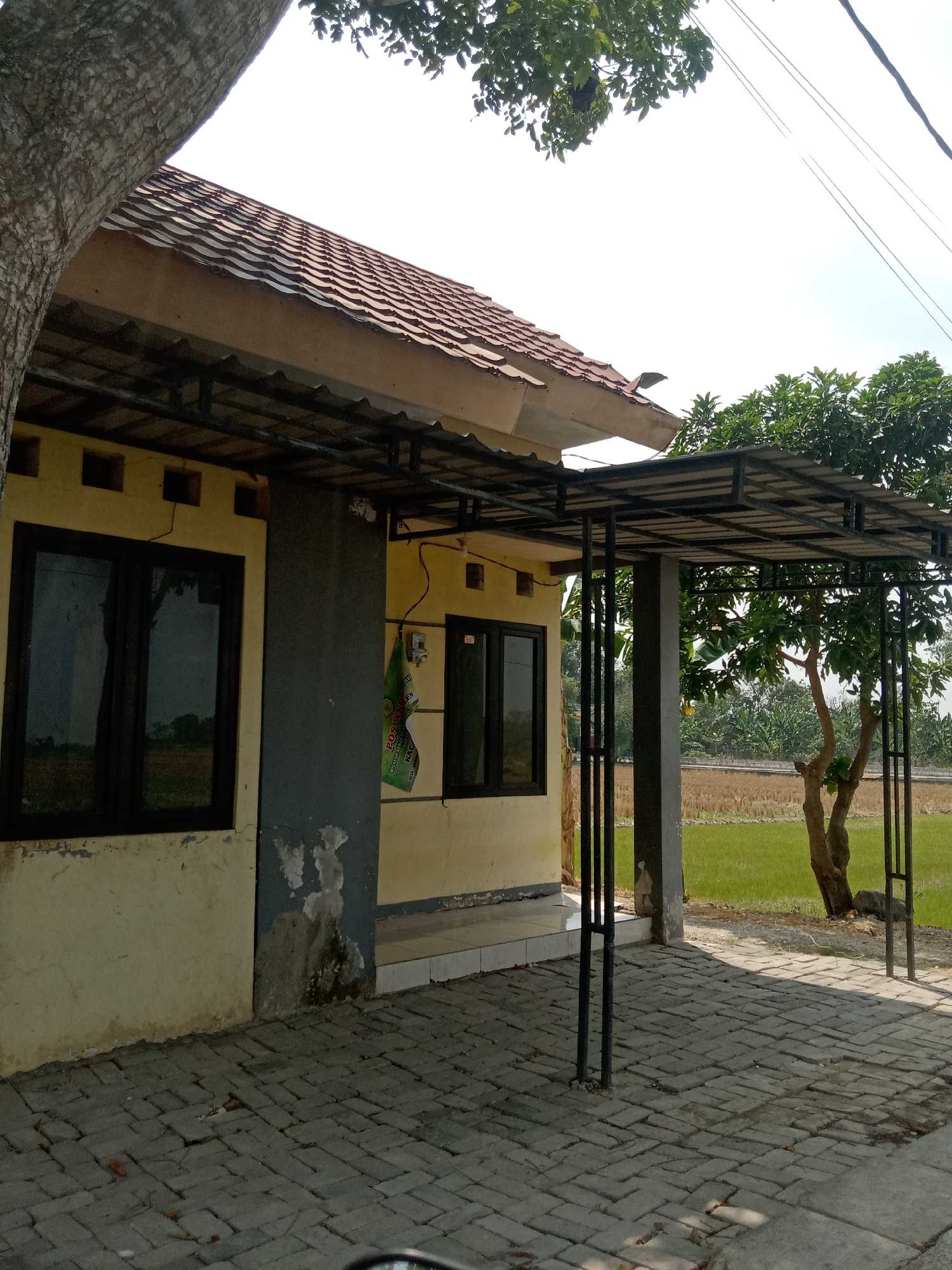 The image depicts a weathered yellow building with a brown tiled roof and a gray-painted section near the entrance. A metal canopy supported by black poles extends from the building, creating a covered area over a paved patio. The patio is constructed with interlocking gray bricks. A small, light-colored flag with green text is attached to the side of the building near the entrance.
To the right of the building, a tree with a thick trunk stands next to the covered area, and beyond that, a field of green grass and some vegetation is visible. Power lines stretch across the bright sky in the upper right portion of the image. A large tree trunk, partially obscuring the upper left corner, suggests the presence of surrounding natural elements. The scene appears to be set in a rural or semi-rural area. The visual cues suggest this location is within the city of Mayangkawis, Indonesia, possibly a residential or small commercial property.