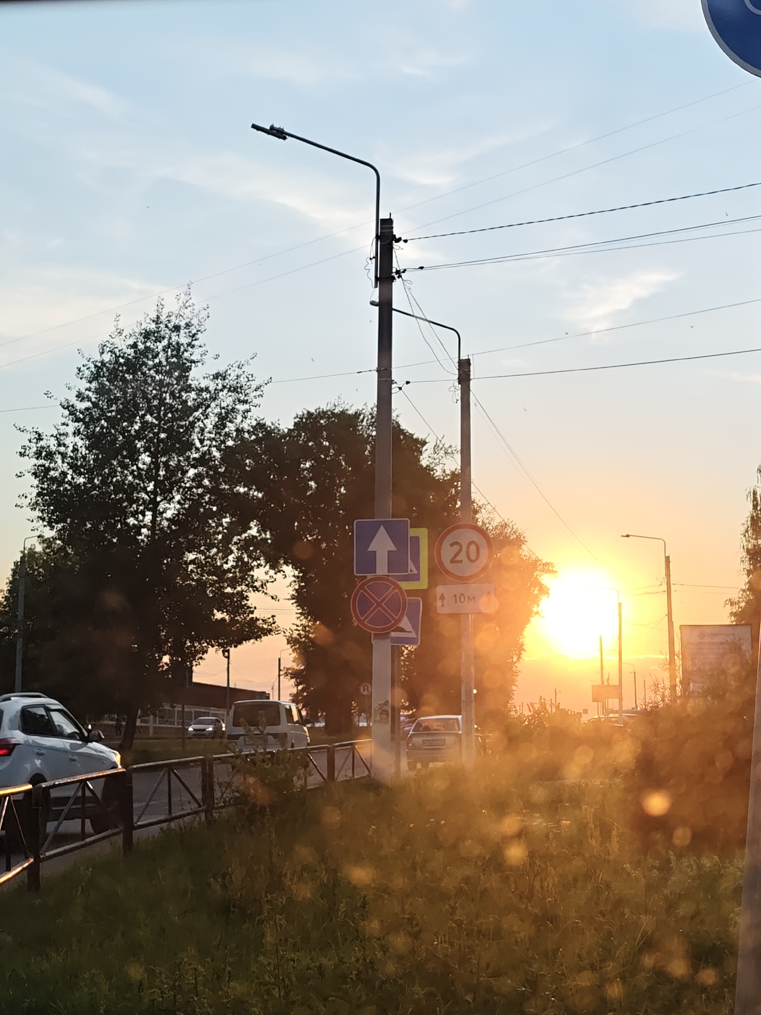 The image captures a sun-drenched street scene at sunset, likely in Chaikovsky, Russia. The low sun casts a warm, orange glow across the frame, creating lens flares and highlighting the golden hour light. In the foreground, a patch of overgrown green grass and weeds lines a metal fence. Beyond the fence, a paved road is visible with several vehicles. A white SUV is parked on the left, and further down the road, a white minivan and a sedan are in motion. Traffic signs, including a speed limit sign indicating 20, an arrow sign, and a prohibition sign, are prominent on the right side of the road. Tall trees with dark foliage flank the street, silhouetted against the bright sky. Electrical poles and wires are visible throughout the scene, suggesting an urban or suburban environment. The sky is a pale blue with wispy clouds, transitioning to warmer tones near the horizon where the sun is setting. The overall impression is one of a peaceful evening in a Russian city.