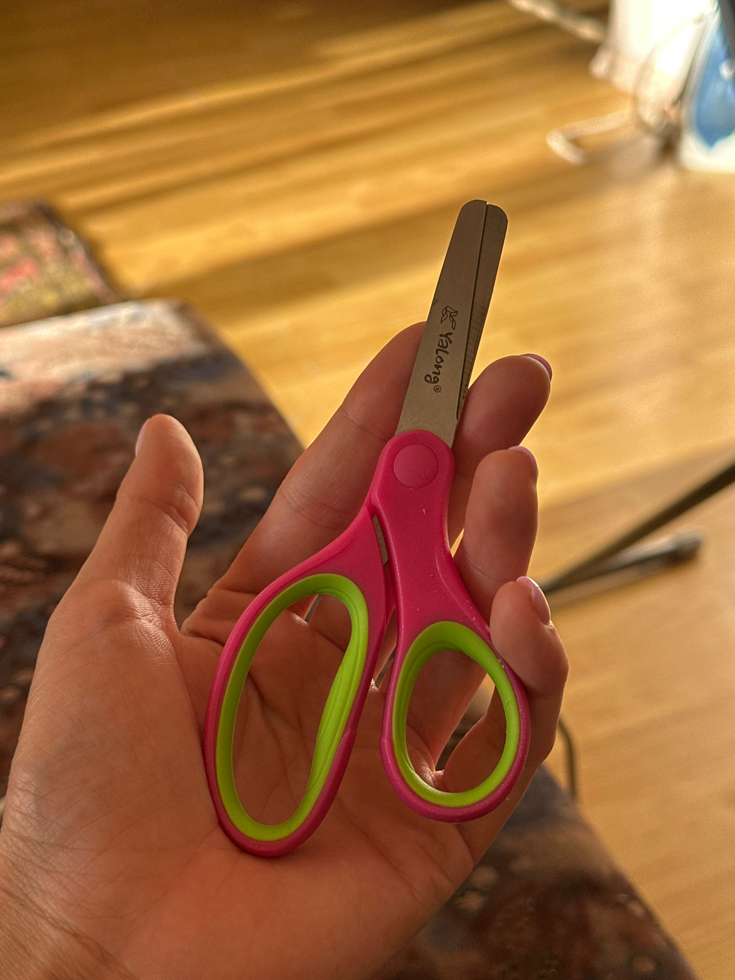 A hand, likely belonging to a woman based on the painted fingernails, is holding a pair of small pink and green scissors. The scissors are closed. The background is a wooden surface, possibly a floor, with a patterned rug or fabric to the left. There are no discernible elements that would indicate the location as Gyumri, Armenia. The lighting suggests an indoor setting, with sunlight casting shadows.