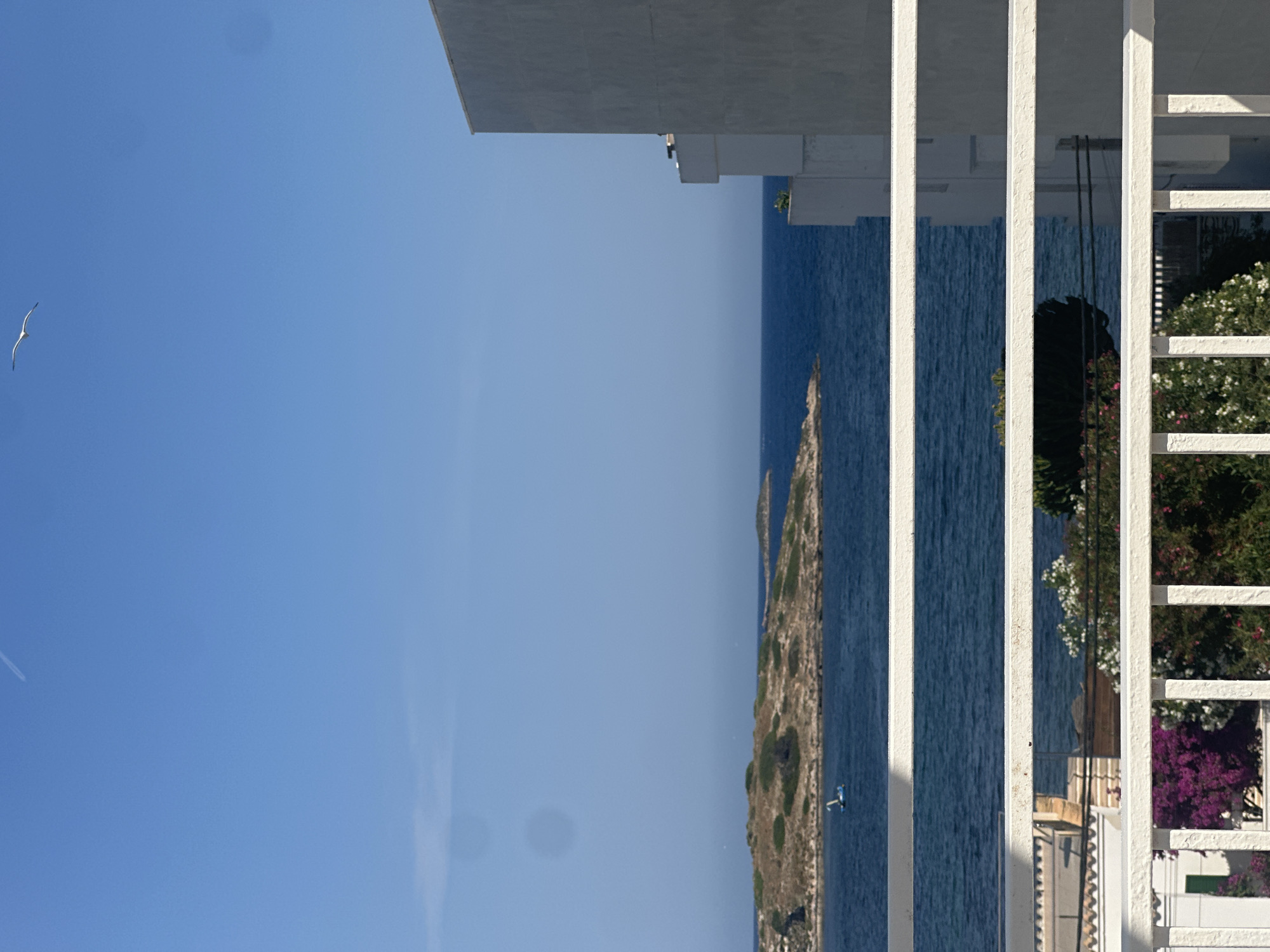 The image shows a view from a balcony in Eivissa, Spain, overlooking the sea. The scene is framed by white balcony railings, with glimpses of a garden with blooming flowers and lush greenery behind them. An island or rocky promontory stretches along the horizon in the distance. The sky is a clear, deep blue, and a bird is visible in the upper left. The building from which the image is taken has white walls and architectural elements.
