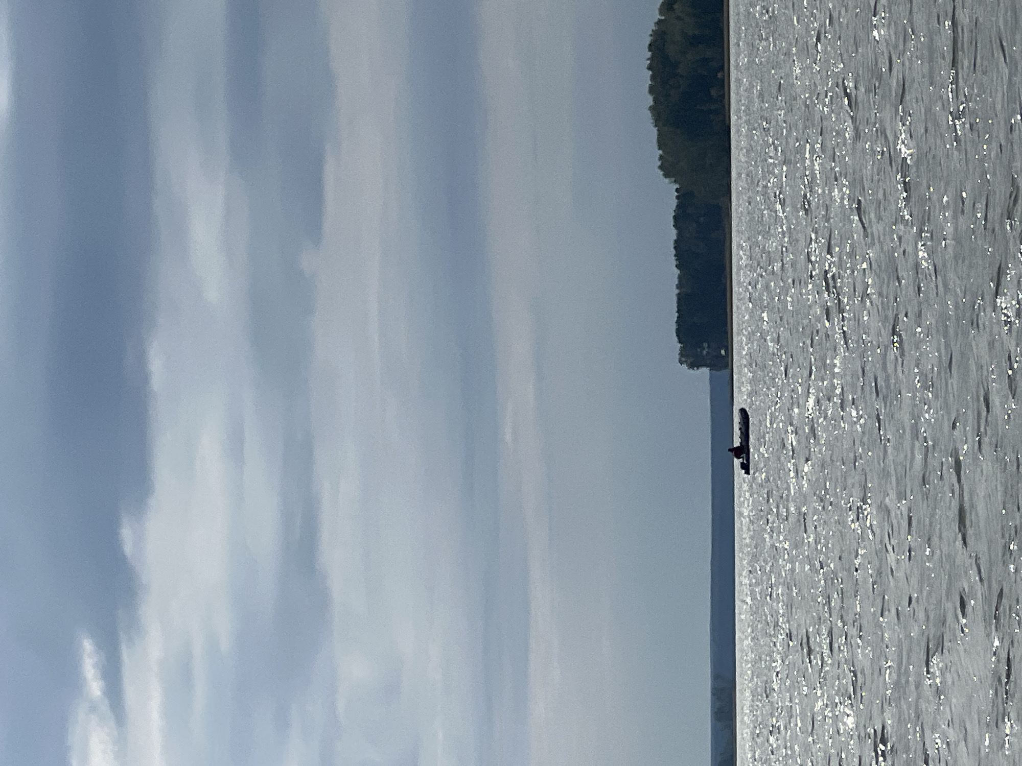 The image depicts a wide expanse of shimmering water, reflecting the overcast sky filled with layered clouds. In the middle distance, a small inflatable boat with a single occupant is visible. The boat is positioned on the water, suggesting movement or stationary activity. Further in the background, a tree-covered shoreline stretches across the horizon, with the dense foliage appearing dark against the muted sky. The overall scene conveys a sense of open space and a tranquil, possibly cool, environment. The location is identified as Novopichugovo, Russia, though no specific urban features are evident in the image.