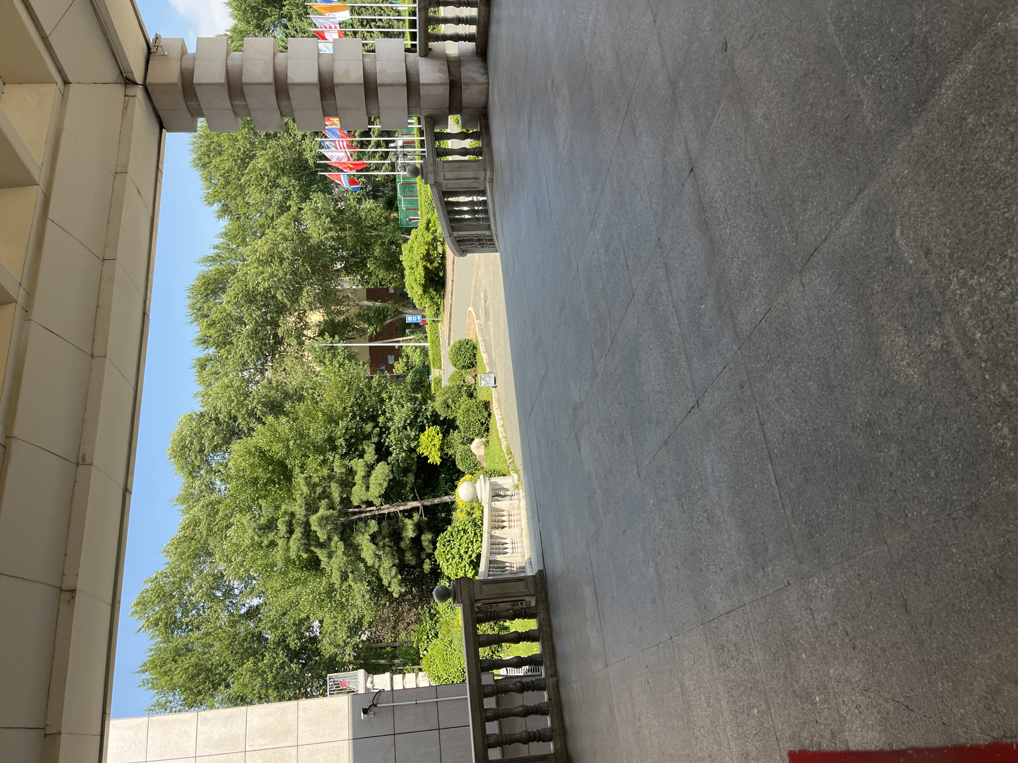 The image captures a sunny outdoor scene in front of a building, likely a governmental or international organization's office, given the numerous national flags displayed. The architecture suggests a modern building with a large, tiled overhang supported by thick, stone-clad pillars. A grey, tiled pathway leads away from the viewer towards a landscaped area with lush green trees and bushes. In the background, a row of national flags on flagpoles flies against a clear blue sky. The scene is set in Changchun City, China, and the overall impression is one of order and formality, possibly a public space or entrance to an important institution. There are no people visible in the image.