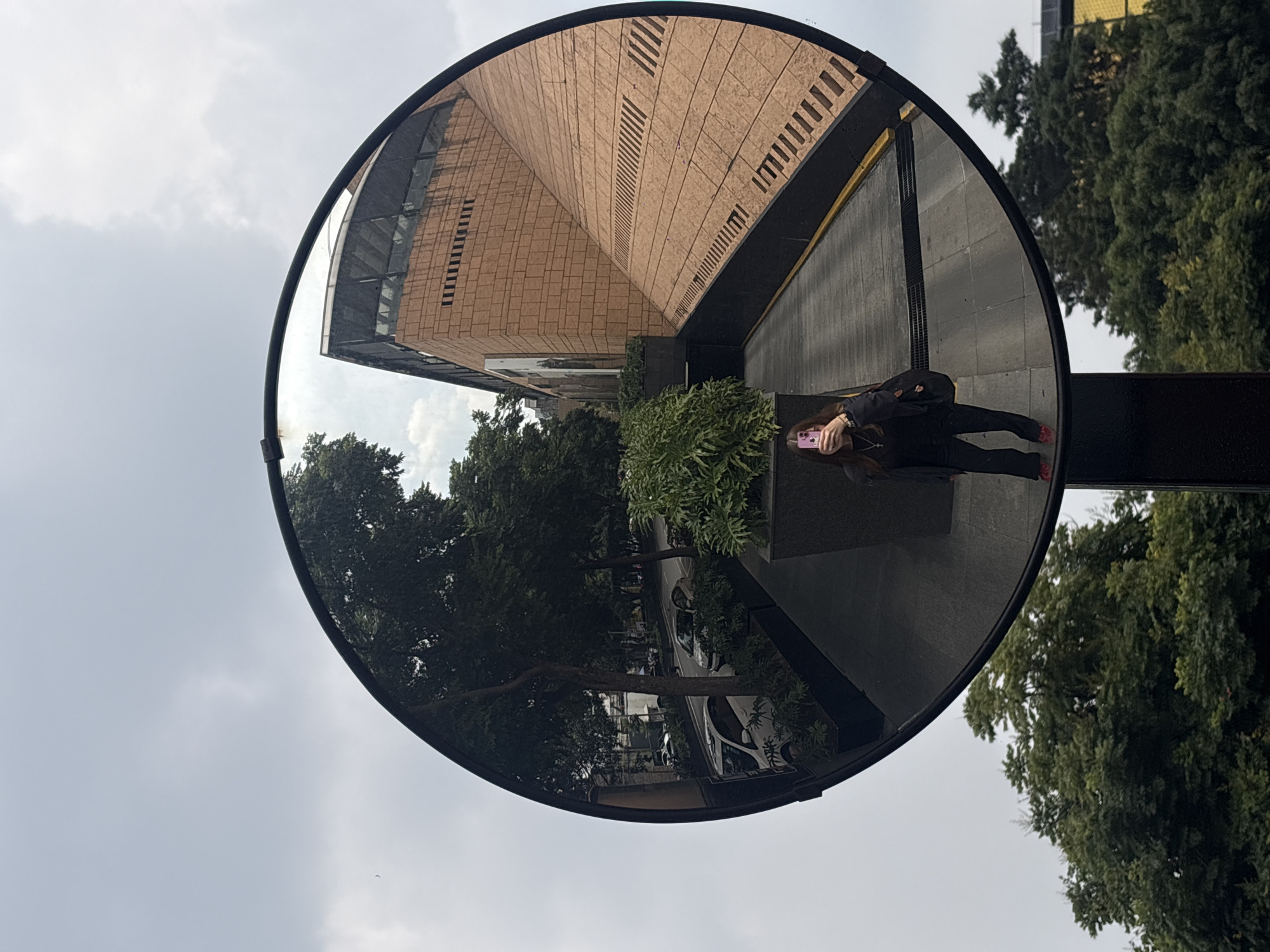A convex mirror reflects a scene on a cloudy day. In the reflection, a person wearing black pants and a black jacket, with red shoes, holds up a pink cell phone to take a selfie. The person has long brown hair and is standing on a paved area with a slight incline. Behind the person, a building made of light brown brick with a sloped roof covered in metal panels is visible. Trees and parked cars are reflected on the left side of the mirror. The mirror itself is framed by a black border and is mounted on a black pole. The background of the actual image shows green trees and a cloudy sky. The location is identified as Mexico City, Mexico.