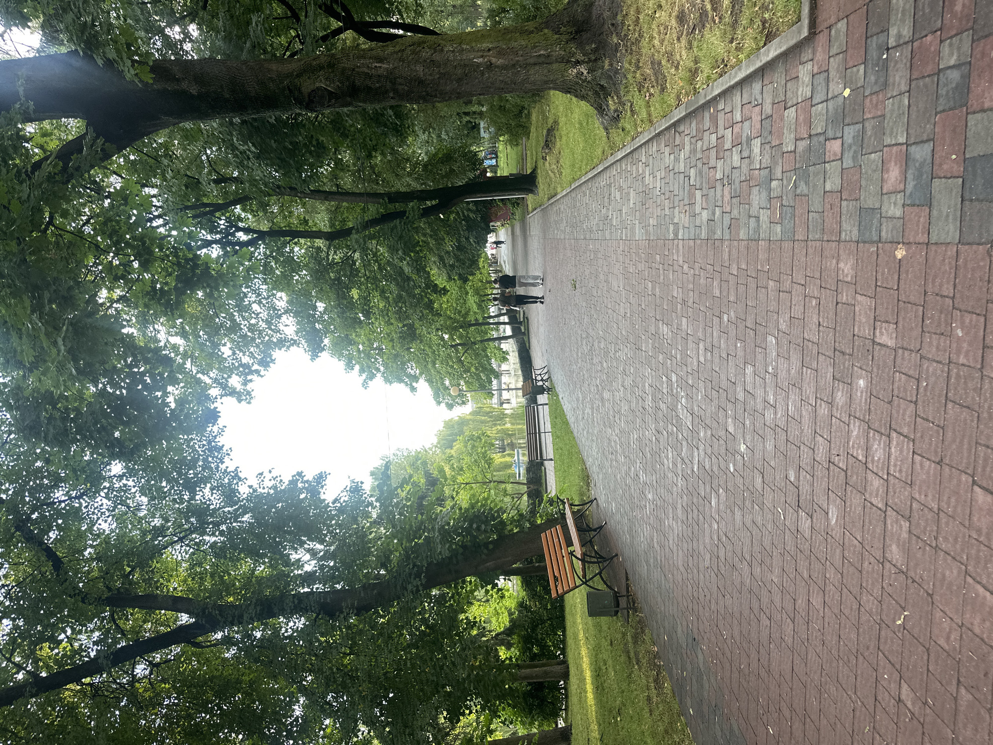 The image depicts a paved walkway in Ternopil, Ukraine, likely in a park or along a waterfront. The walkway is constructed of red and gray rectangular pavers arranged in a staggered pattern. On the left side of the walkway, there is a grassy area with a wooden bench and a trash bin. Large trees with lush green foliage line the walkway, casting shadows on the ground. In the background, a body of water is visible, with a small boat on the water and willow trees with drooping branches along the bank. Two individuals are walking away from the camera on the walkway, and other people are faintly visible in the distance. The sky is overcast, with bright white light filtering through the trees. The overall scene suggests a peaceful and natural setting within the city.