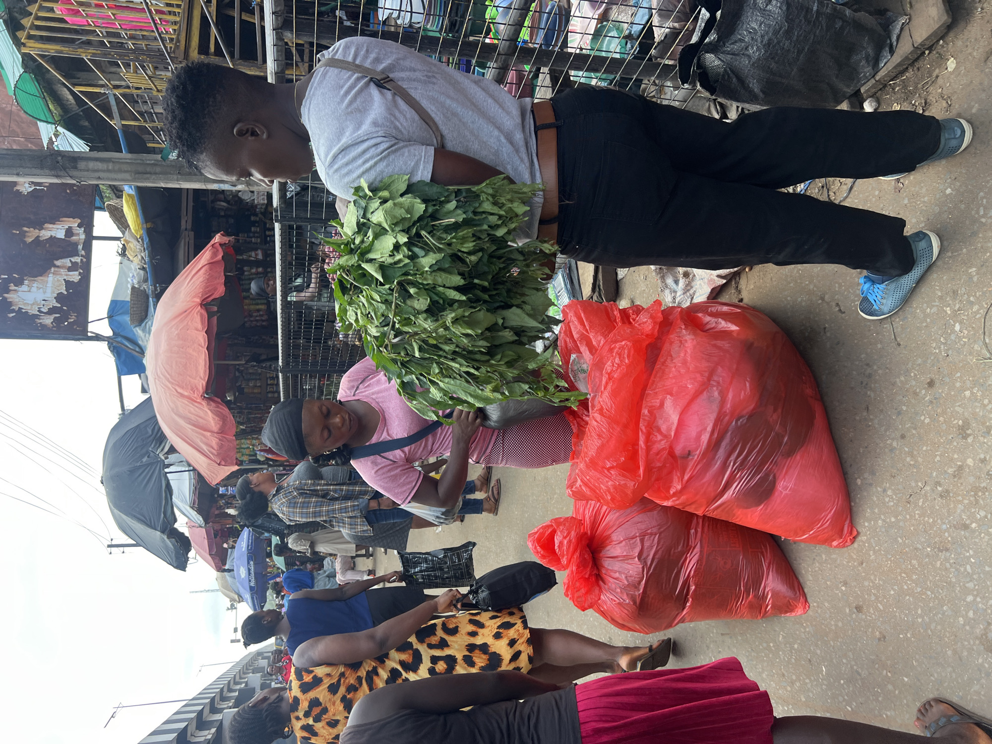 The image depicts a bustling outdoor market scene in Nkpor, Nigeria. In the foreground, two large red plastic bags are prominent on the ground. To the right of these bags, a person wearing a gray t-shirt, black pants, and blue athletic shoes holds a large bunch of leafy green vegetables. To the left of the red bags, a person wearing a pink t-shirt and a patterned skirt is visible, also holding a plastic bag. Behind them, other market-goers can be seen, some carrying bags and others tending to stalls. The background reveals more market stalls with various goods displayed, awnings providing shade, and overhead power lines. The ground is paved with concrete. The overall atmosphere suggests an active commercial environment.