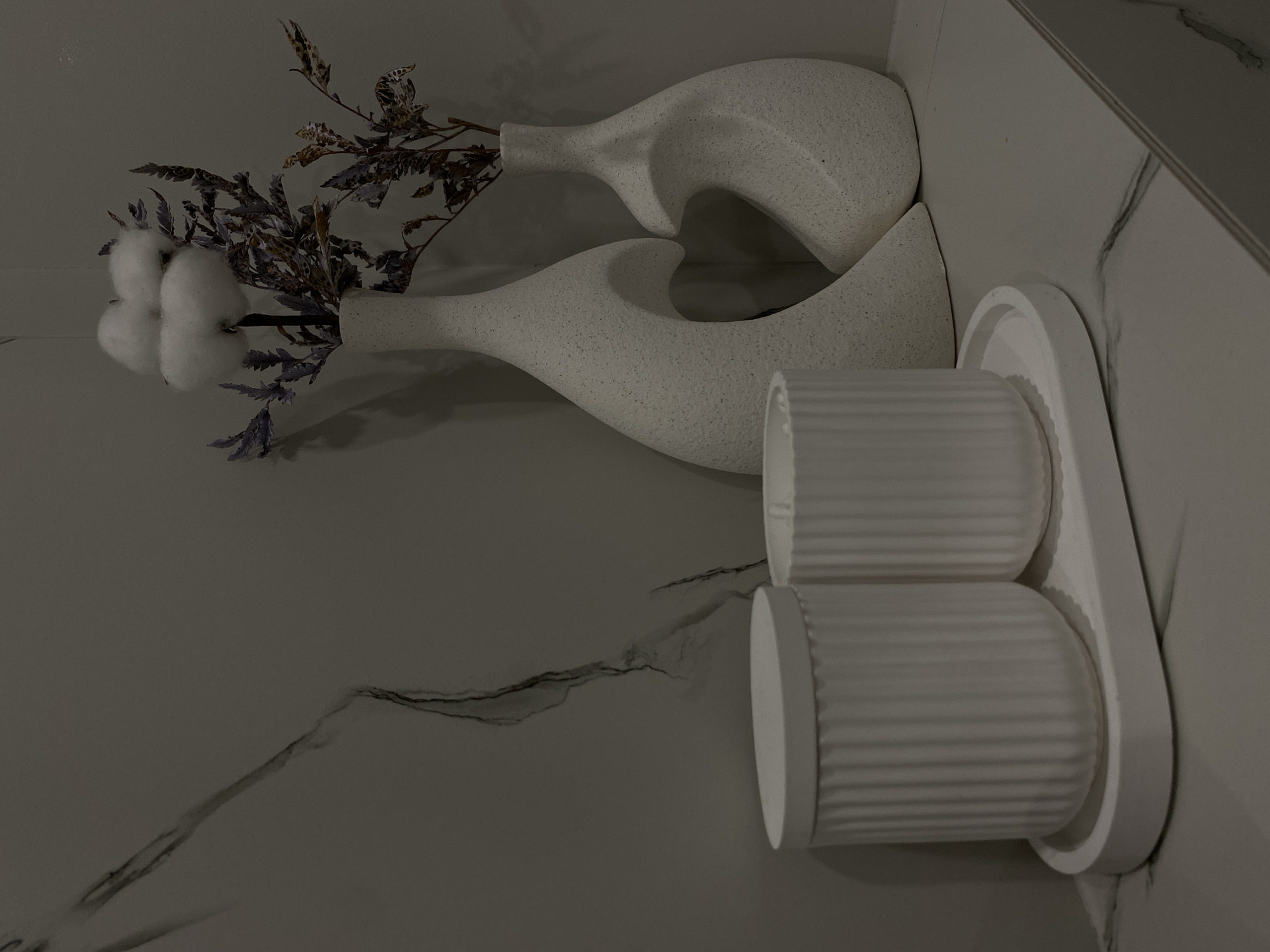 An indoor still-life arrangement features decorative objects on a veined, light-colored surface, possibly a countertop or shelf, against a light grey-green wall. The image is taken in dim, soft lighting, creating an elegant and calm atmosphere.
The primary subjects are two white, speckled ceramic vases, each with an organic, flowing, and somewhat abstract shape. They are positioned closely together, one slightly behind and above the other. The top vase holds a dried floral arrangement composed of several fluffy white cotton bolls and dark, dried leaves or branches with subtle purplish undertones.
To the right of the vases, a minimalist white rectangular tray with rounded corners is visible. On this tray rest two identical white, ribbed cylindrical containers, each topped with a flat lid. These containers appear to be made of ceramic or a similar material.
The background wall is a solid, light grey-green, providing a neutral backdrop. The surface on which the objects are placed exhibits subtle dark grey veining, characteristic of marble or a similar stone pattern. No people or activities are present, and there is no visible text. The overall scene suggests a contemporary interior decor setting in a modern home, located in Kazan, Russia.
