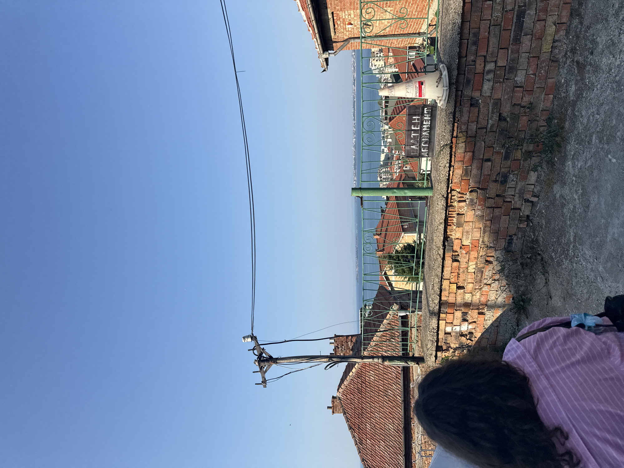 In Sveti Vlas, Bulgaria, a person with dark, curly hair, wearing a pink and white striped shirt, stands with their back to the camera, overlooking a coastal cityscape. The foreground features a brick wall and a paved area. Beyond the wall, a green metal fence separates the viewpoint from a collection of red-tiled roofs and buildings. In the distance, the Black Sea stretches out under a clear blue sky, with a faint outline of a city on the horizon. A utility pole with wires stands to the left, and a traffic cone is visible on the right. The scene appears to be taken from an elevated position, possibly a balcony or a viewpoint in the town.
