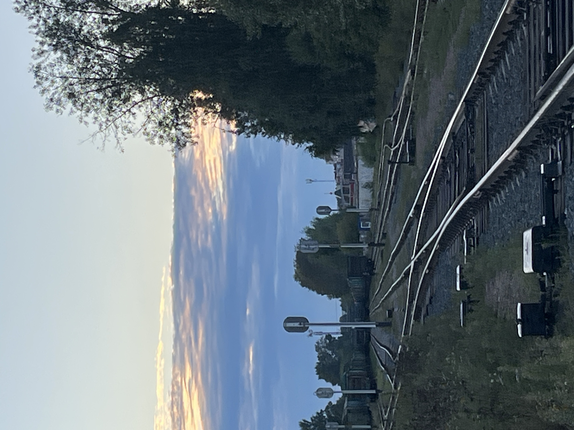 The image depicts a railway junction in Chaikovsky, Russia, under a twilight sky with wispy clouds. The foreground shows multiple sets of train tracks with switches and ballast. Several old, dark-colored train cars are parked on sidings in the middle ground. Tall trees and foliage line the right side of the frame, partially obscuring the view of distant buildings and what appears to be a church or religious structure. Railway signals with illuminated tops are visible along the tracks. The overall scene conveys a sense of industrial quietude at dusk.