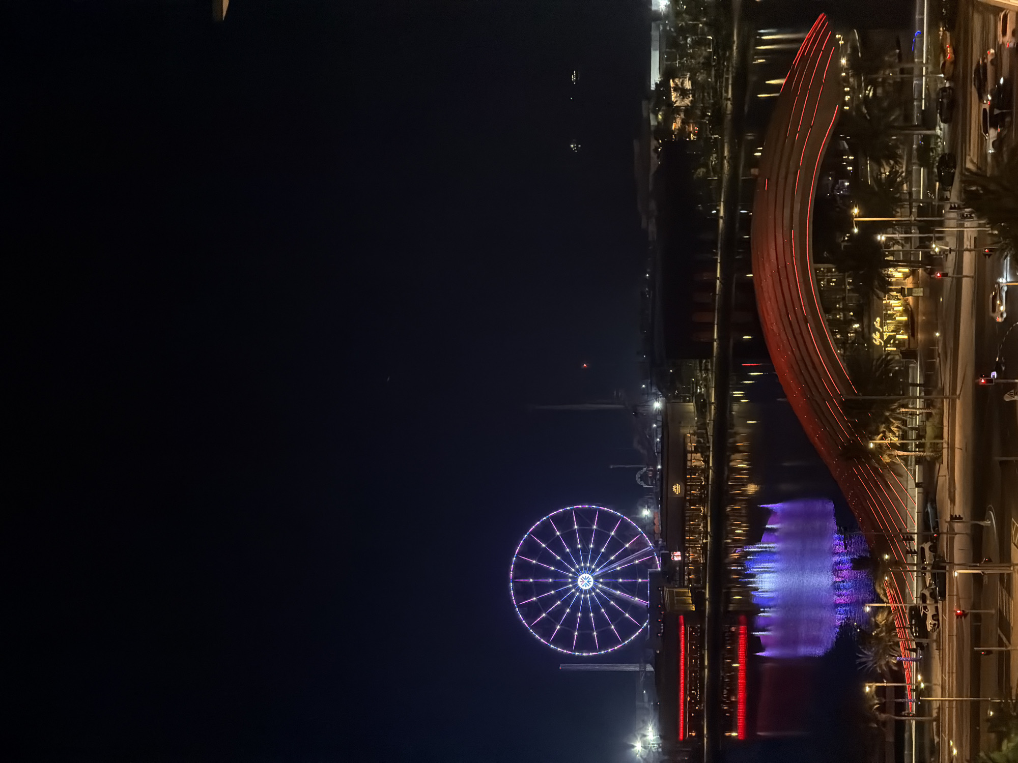 An exterior, eye-level night shot shows a waterfront promenade in a city. The foreground features a street with cars, traffic lights, and palm trees. In the midground, a wide body of water reflects colorful lights from the buildings and structures along its edge. Dominating the midground to the left is a large, brightly lit Ferris wheel with purple and pink lights. To the right of the Ferris wheel, a curved bridge illuminated with red lights spans the water. The background consists of a dark, cloudless sky and the silhouettes of distant buildings and structures. The scene is illuminated by artificial lights from the Ferris wheel, bridge, buildings, and street lamps.