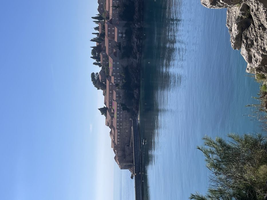 The image displays the fortified islet of Sveti Stefan in Montenegro, viewed from an elevated coastal perspective. The scene is dominated by a clear, bright blue sky and the deep blue waters of the Adriatic Sea.
On the islet, numerous traditional stone buildings with reddish-orange tiled roofs are densely clustered, ascending the terrain. Many structures feature small rectangular windows, some with light-colored shutters. Green vegetation, including tall cypress or pine trees, grows amongst and above the buildings, particularly on the highest point of the islet. A section of a stone retaining wall or fortification is visible along the base of the structures facing the water on the left side of the islet. Some buildings exhibit flowering plants, possibly bougainvillea, with pink and purple blossoms on their facades.
A stone causeway or breakwater extends from the left base of the islet into the bay, partially enclosing a calm body of water. A small, light-colored boat, possibly unoccupied, is positioned in this bay. A line of buoys or a net barrier stretches across the water, originating near the causeway and extending towards the center of the bay. The sea surface reflects the sky and the islet's structures, showing slight ripples.
In the foreground, the lower-left section is partially obscured by dark green foliage, possibly pine branches or shrubs. The lower-right foreground reveals light-colored rocky terrain, suggesting the viewpoint is from a rocky outcrop overlooking the bay and islet. No discernible individuals or active interactions are visible within the frame.