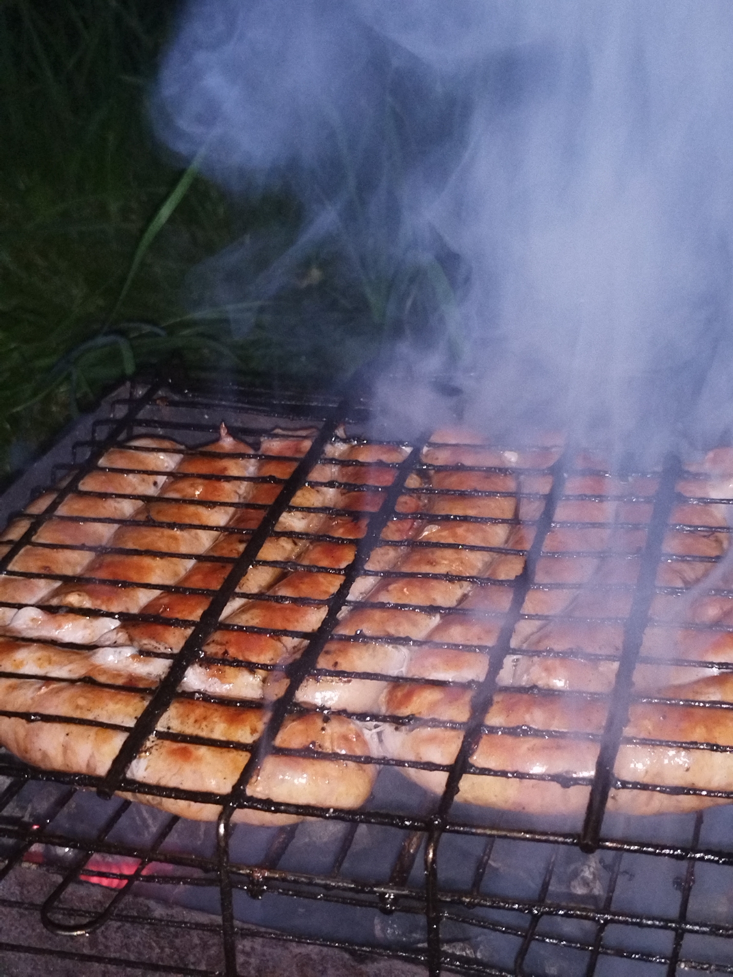 An outdoor grill is loaded with numerous sausages, which are being cooked over glowing embers. The sausages are arranged in neat rows on the metal grate, and some are starting to brown, indicating they are cooking. Smoke rises from the grill, obscuring some of the sausages and the surrounding dark, grassy environment. The scene appears to be a nighttime barbecue.