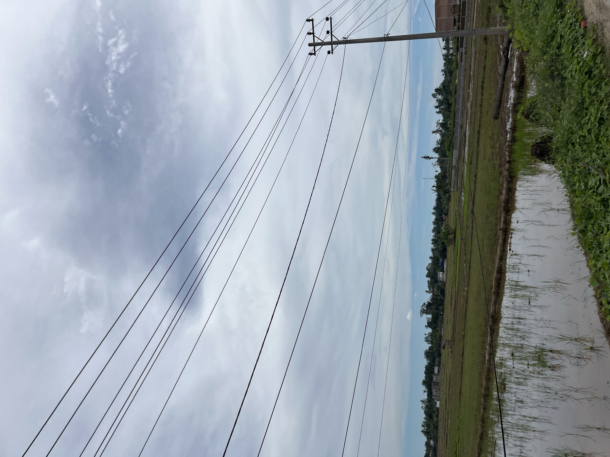 The image shows a rural landscape in Seuneubokpunti, Indonesia, dominated by a cloudy sky and overhead power lines. In the foreground, the wet soil and reflections of tall grass indicate a waterlogged area, possibly a rice paddy. Beyond this, a vast expanse of green fields stretches towards a line of trees and buildings in the distance. A power pole with multiple wires is prominent on the right side of the frame. Several buildings, including what appears to be an unfinished construction and some houses, are visible amongst the trees. The overall impression is one of a quiet, agricultural area under an overcast sky.