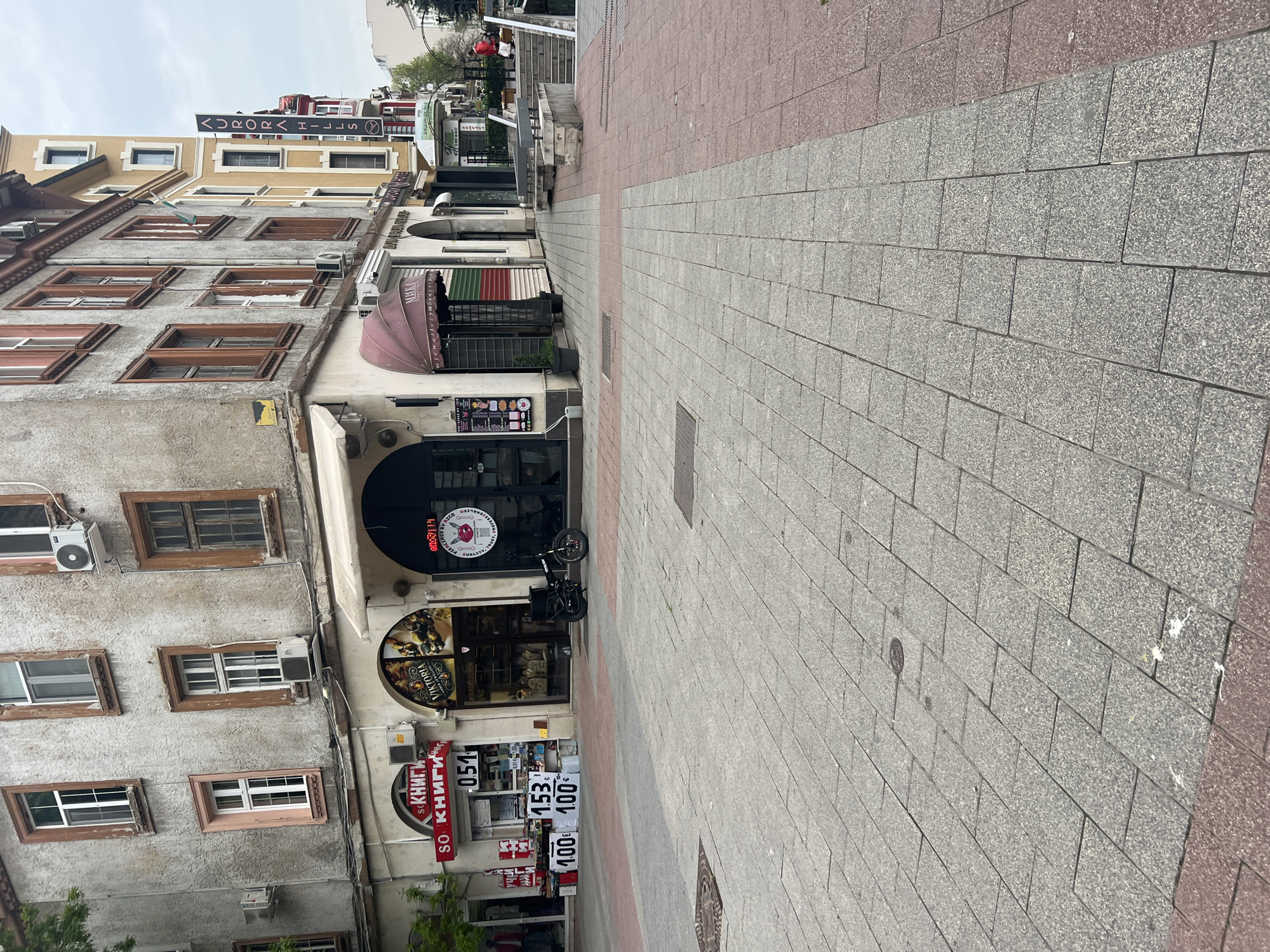 The image presents a daytime street scene in Plovdiv, Bulgaria, under an overcast sky. The perspective looks down a pedestrian walkway lined with multi-story buildings on the left. These structures feature weathered, textured facades with numerous rectangular windows, some framed in brown wood and others in white or pink. Several external air conditioning units are attached to the buildings.
The pedestrian area is paved with two distinct types of interlocking blocks: a wider section of grey, speckled pavers and a narrower strip of reddish, speckled pavers running parallel. A circular manhole cover is visible on the grey paving.
Along the base of the buildings are several shop fronts. One features a dark red, semicircular awning. Another prominent shop entrance is arched, with a round black logo displaying "TRUST," "QUALITY," and "PRECISION" around a red, stylized design (possibly an apple), along with "ALTOOI" and "RINGS BY." A black bicycle or scooter is parked near this entrance. Adjacent to it, a storefront sign reads "VIKTORIA" and "Кехлибарен" (Amber).
Further down, a red banner advertises "SO КНИГИ" (SO Books) and "КНИГИ" (Books), accompanied by multiple red and white signs displaying numbers such as "0.51," "1.53," "1.00," and "1.00," which are likely prices in Bulgarian Lev. High above, on a yellow-colored building, a large black sign with white Cyrillic letters reads "AURORA HILLS." The street appears quiet, with no people visible, and some distant greenery suggests trees or a park area in the background.