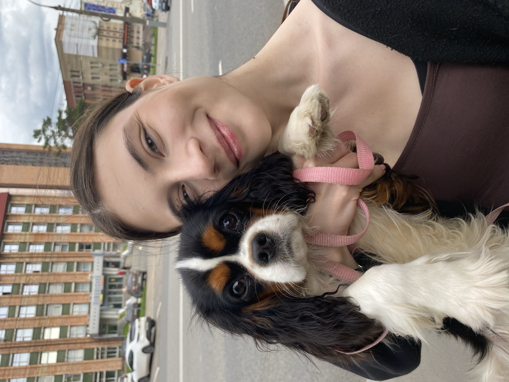 This is a vertical, eye-level, medium shot of a young woman holding a Cavalier King Charles Spaniel dog. The woman's face is partially visible, turned towards the camera with a slight smile. She has dark hair and is wearing a dark brown top. The dog is a tricolor with black, white, and tan markings, and it is looking directly at the camera. It has a pink leash around its neck.
The background shows a street scene with buildings and cars. The architecture of the buildings suggests an urban environment. The sky appears overcast. The overall mood is casual and affectionate, with the woman cradling the dog. The image appears to be a selfie taken outdoors.
Notable details include the dog's expressive eyes and the texture of its fur. The woman's lip gloss is also noticeable. The setting appears to be Izhevsk, Russia, based on the provided location context. The time of day and weather are not explicitly stated but appear to be daytime with cloudy conditions. There is no visible text in the image.