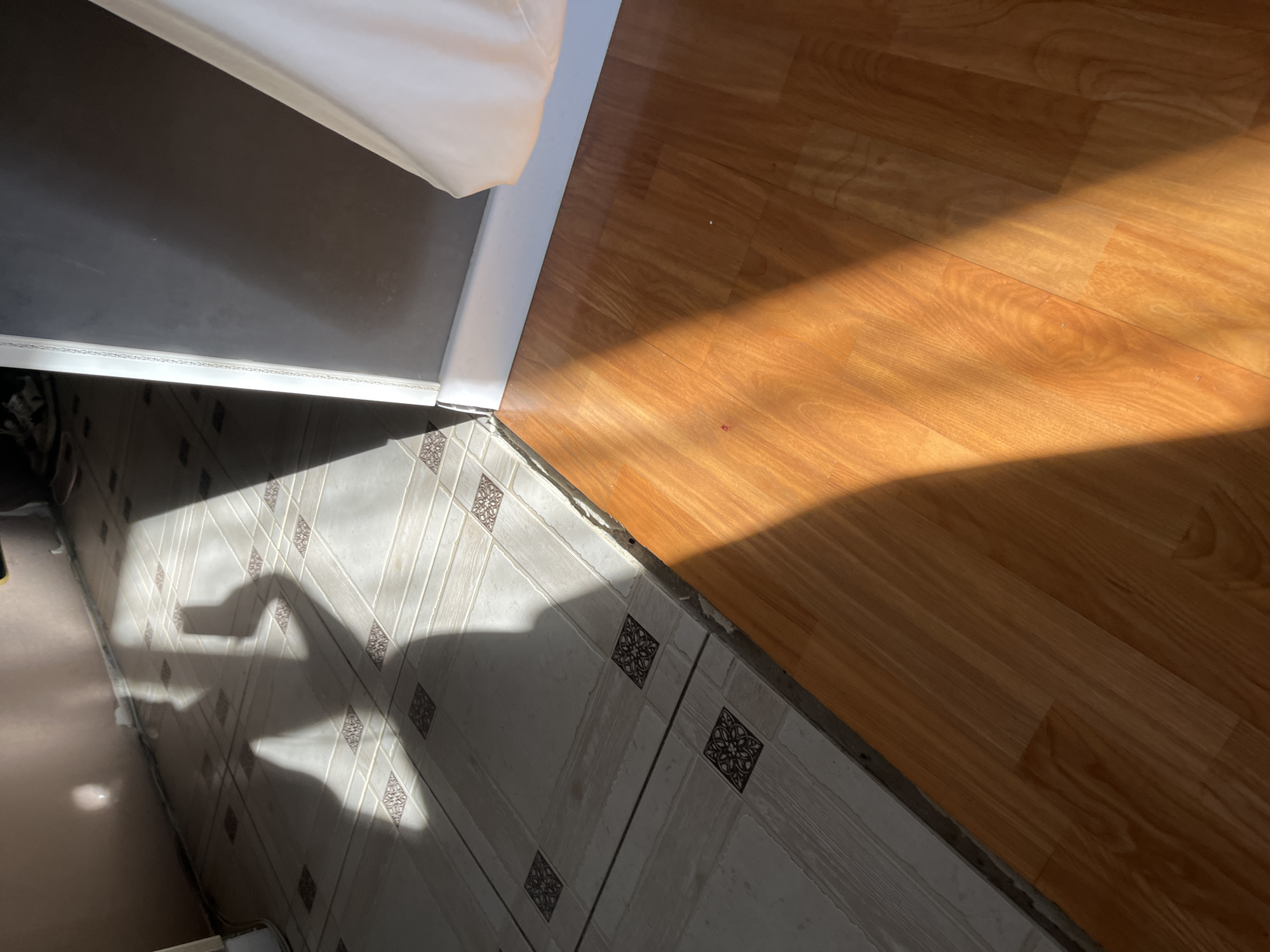 The image shows a transition between two types of flooring, linoleum and hardwood, in what appears to be a residential hallway or room. The linoleum flooring is tiled with a light cream base and a checkered pattern of small brown squares. The hardwood flooring is a warm, reddish-brown color. A distinct shadow, cast by an unseen object or person, falls across both floor surfaces, creating dramatic light and dark areas. The shadow suggests a presence, possibly a person standing or moving through the space. The environment appears to be indoors, with walls visible in the background. One wall is painted a dark gray and meets the floor with a white baseboard. The other wall is a lighter, possibly brown or tan color. Sunlight is entering the space from an unseen window or opening, illuminating portions of the floor and casting the prominent shadow. There are no specific landmarks or indicators in the image that would allow for a precise location within Saratov, Russia.