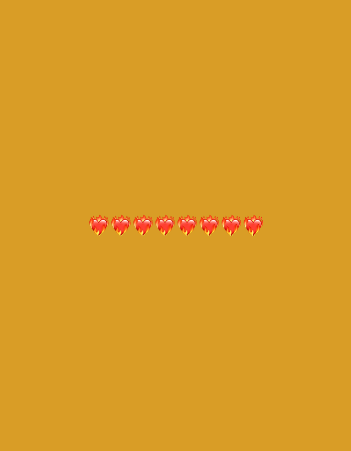 The image is a digital graphic with a mustard yellow background. Centered horizontally and located in the lower portion of the frame are seven red heart emojis with flames at the top. There are no people, objects, or any discernible location in the city of Gorzow, Poland, present in this image.