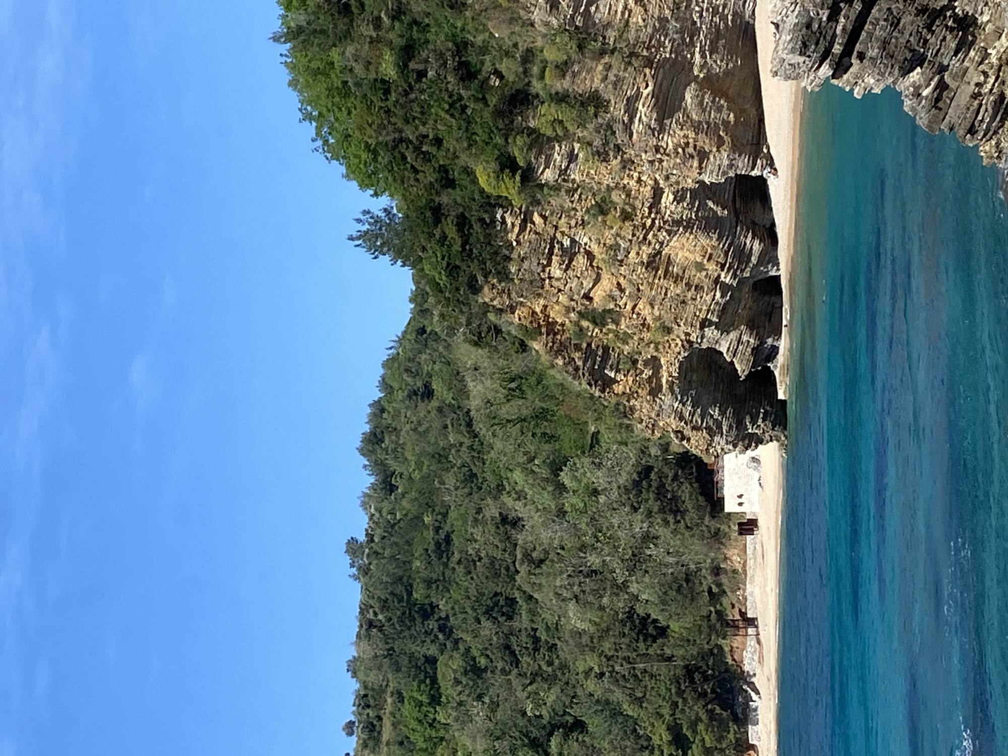 The image displays a serene coastal scene, likely a secluded bay or cove, under a clear blue sky. The photo is oriented vertically, showing the horizon line running from left to right.
On the left side of the image, a steep hillside or cliff face is densely covered with lush, vibrant green trees and foliage, characteristic of Mediterranean vegetation. Further towards the right, this green vegetation gives way to rugged, light-brown rocky cliffs with distinct horizontal stratification and visible textures, suggesting layers of rock.
Towards the bottom and right of the image, the clear, calm turquoise-blue water of the sea meets a narrow strip of sandy beach. The water exhibits varying shades of blue and green, indicating clarity and depth changes. Along the beach, at the base of the cliffs and vegetation, there are a few man-made structures. These appear to be small, simple buildings or beach facilities, possibly made of concrete or stone, and some dark-colored objects resembling beach chairs or small wooden structures.
The overall impression is one of natural beauty and tranquility, typical of a coastal landscape. The sunlight is bright, suggesting a clear day, likely late morning or early afternoon, with minimal shadows indicating high sun. There are no people visible in the scene, contributing to the peaceful atmosphere. No discernible text is present in the image. Given the provided location context, this is a scenic view along the coast of Budva, Montenegro.