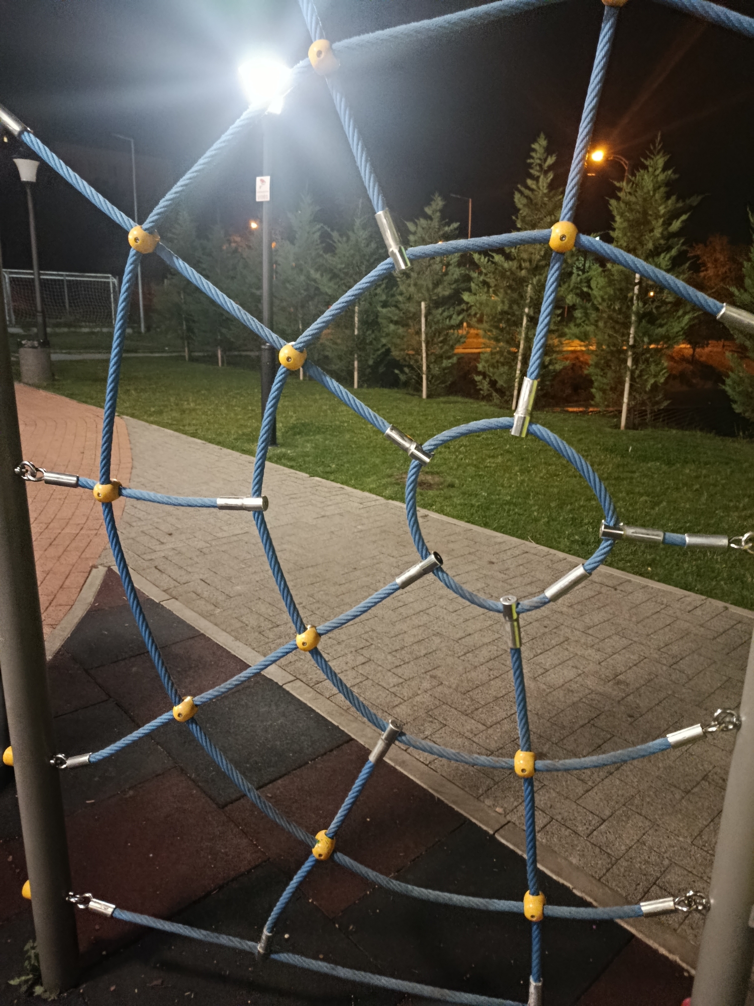 An outdoor climbing net is shown in a nighttime setting, illuminated by artificial lights. The net is constructed from blue ropes, secured with metal connectors and yellow circular fasteners. In the background, there are several evergreen trees and a paved pathway. The ground beneath the net appears to be a rubberized safety surface. The location is a park or playground in Chișinău, Moldova.