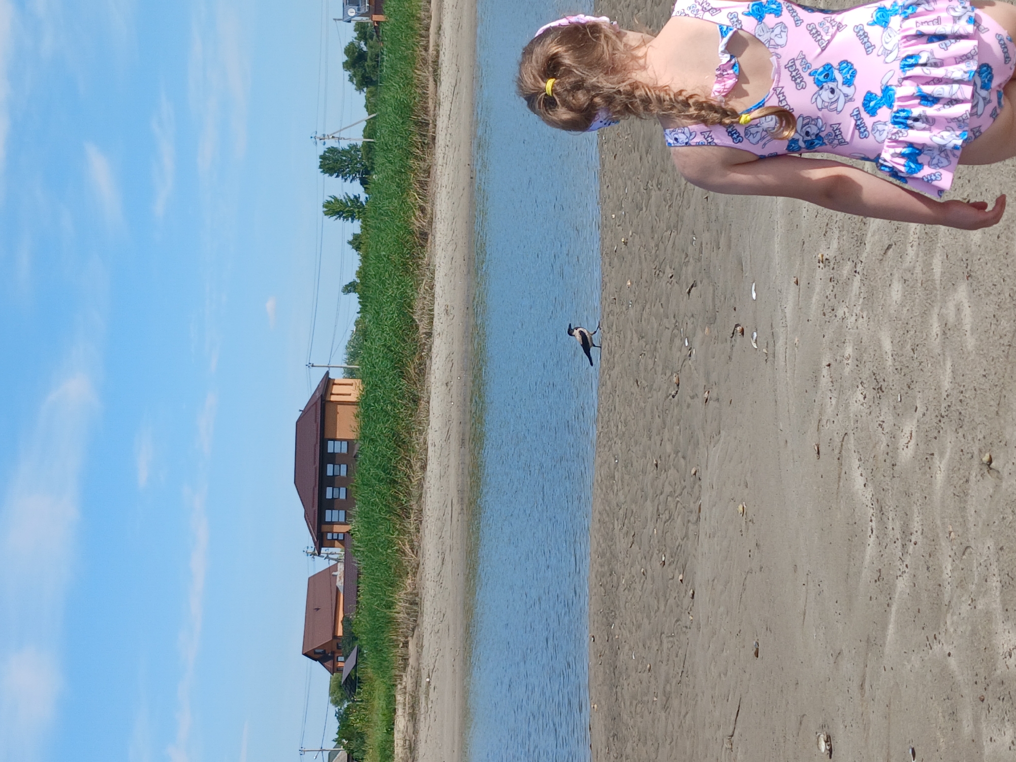 In Maslova Pristan', Russia, on a sandy riverbank, a young girl wearing a pink swimsuit with a Stitch pattern is observed from behind. She has blonde hair braided and a yellow hair tie. In the middle distance, a crow is walking on the wet sand near the edge of the blue water. The background features a line of lush green reeds, followed by houses and trees under a clear blue sky with scattered white clouds. The sand is textured with ripples and scattered small shells.