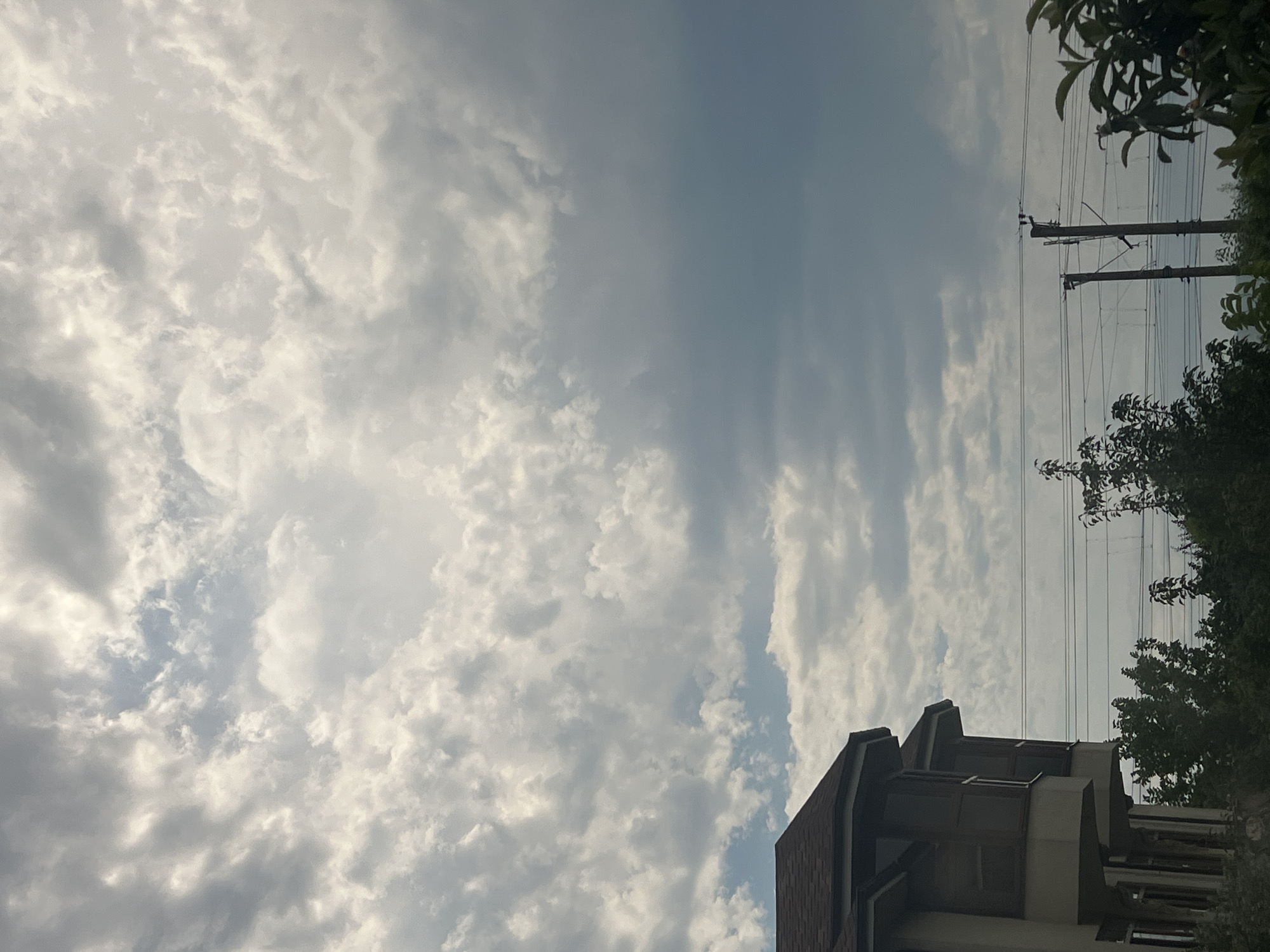 The image shows a view of the sky with clouds, a building, trees, and power lines. The building, on the left, is a multi-story structure with a dark roof and several windows. The sky is mostly covered with a mix of bright white and darker gray clouds, with patches of blue sky visible. Below the sky, several green trees are visible, some taller and bushier than others. Power lines stretch horizontally across the middle section of the image, supported by wooden poles. The overall scene appears to be an outdoor environment in a developed area.
