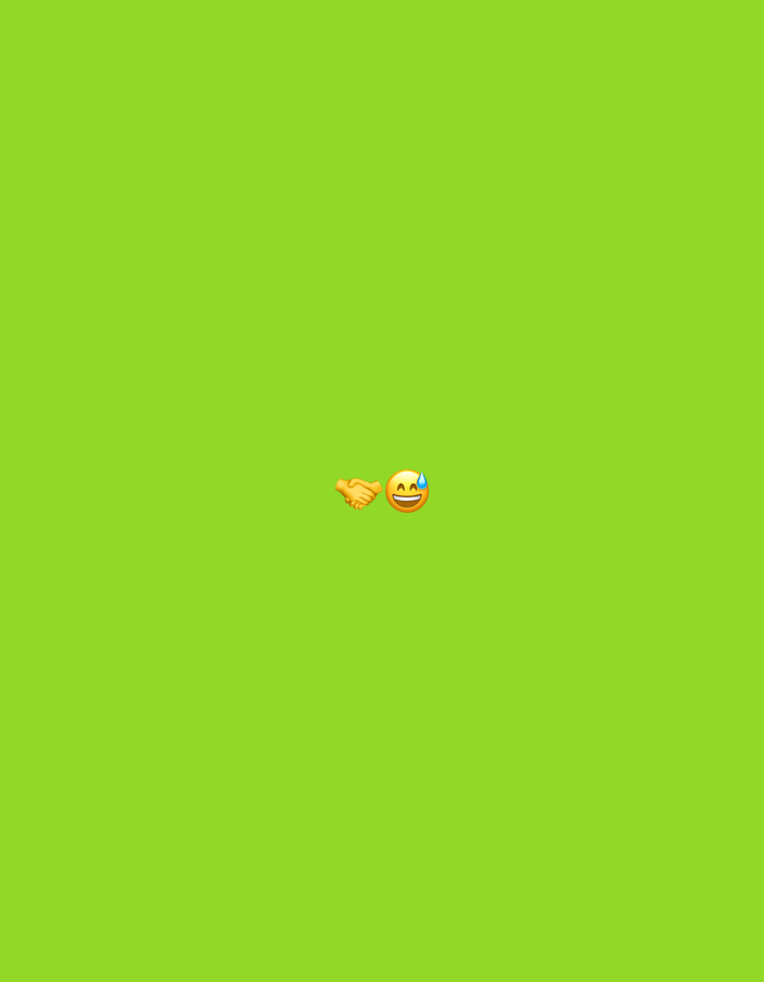 A handshake emoji and a grinning face with sweat emoji are on a bright green background.