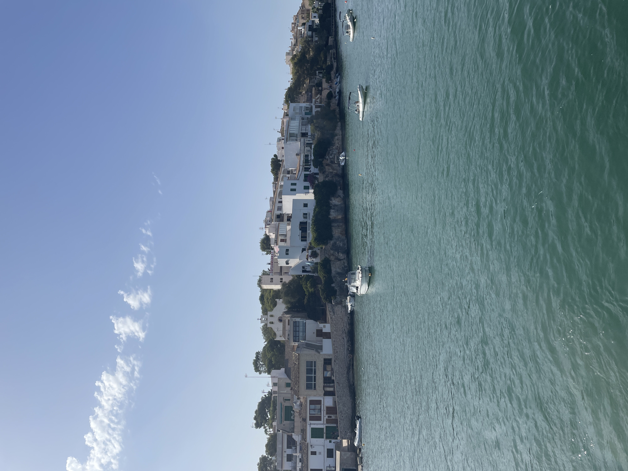 The image shows a scenic view of the coastal town of Portopetro, Spain, with a clear blue sky and calm turquoise water. The town features a cluster of white buildings situated on a rocky coastline, adorned with lush green trees. Several boats are anchored in the water, including a white motorboat in the foreground. The scene is tranquil, bathed in bright sunlight, with a few scattered white clouds adding texture to the sky.