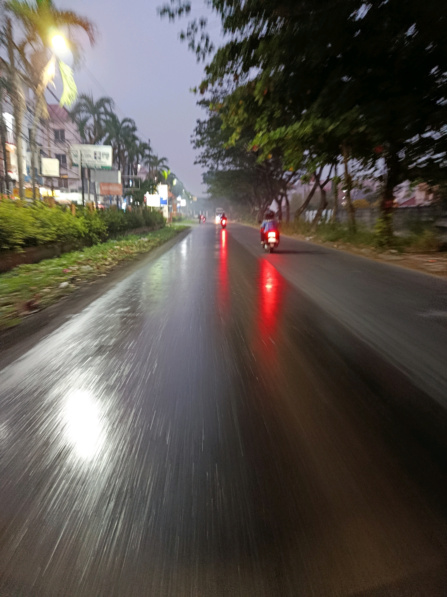 The image captures a wet street scene at dusk or early morning in Bekasi, Indonesia. The road surface is slick and reflects the light from streetlights and the taillights of passing vehicles. On the left side of the road, there is a row of buildings with signs, interspersed with palm trees and dense green foliage. The street is lined with trees on the right side as well, their leaves appearing blurred due to motion. Two motorcycles are visible on the road; one in the foreground moving away from the camera, its red taillight prominently reflecting on the wet asphalt, and another further down the road also with its red taillight illuminated. The sky is overcast and a muted grey. The overall impression is one of a rainy, low-light urban environment in motion.