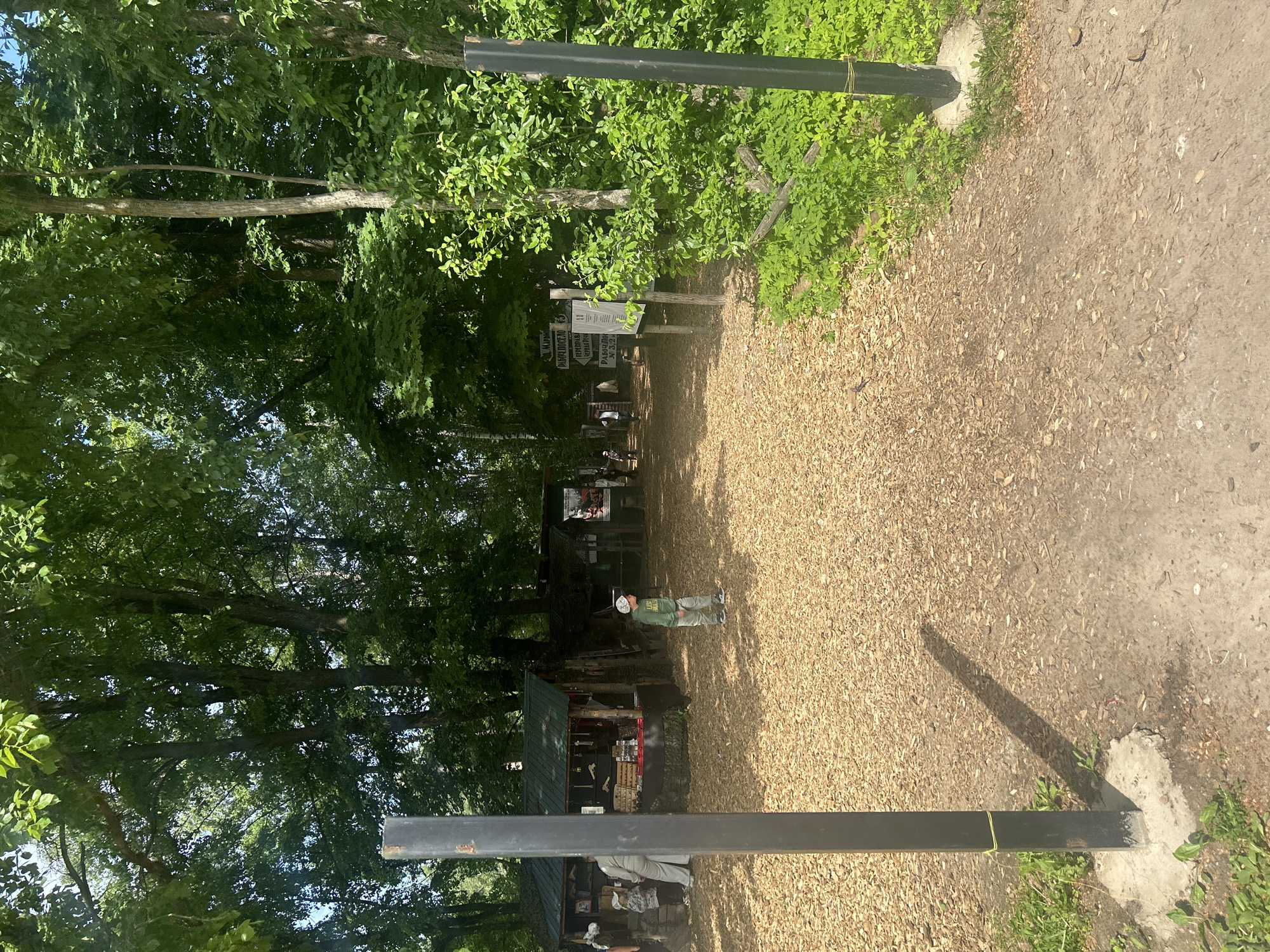 The image depicts an outdoor scene with a path covered in wood chips. On the left side of the path, there is a small market stall with green roofing and various items displayed. Several people are visible near the stall, including two children, one wearing a green hoodie and a white cap, and an adult.
Further into the scene, the path continues, leading towards more structures and dense green foliage. Several signs are posted on wooden posts on the right side of the path. The environment is heavily wooded with tall trees and lush undergrowth, suggesting a natural or park-like setting. The lighting indicates it is daytime, with shadows cast on the ground.
The provided information states the location is the city of Shlisselburg, Russia. While the image shows a market-like area within a wooded environment, there are no specific landmarks or details visible that definitively place it in Shlisselburg. It appears to be a casual outdoor market or event, possibly a recreational area.