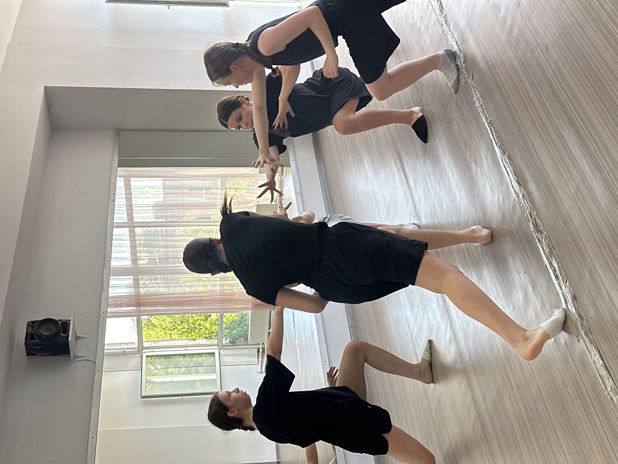 The image shows a group of young people in a dance studio. The subjects are three individuals, appearing to be female, dressed in black dance attire. One person is in the foreground, sitting on the floor with their legs extended and arms reaching out. Another person is in the middle ground, in a low crouch, with their hands extended towards the person in the foreground. The third person is in the background, in a similar low crouch, with their body angled towards the other two.
The scene is a dance studio with large windows looking out onto lush green trees, suggesting it is daytime and likely warm weather. The floor is a light wooden surface with a reflective quality, and there are mirrors along one wall. A speaker is mounted on the wall. The overall mood appears to be focused and collaborative, suggesting a dance rehearsal or class. The lighting is bright, indicating it is daytime. There is no visible text in the image. The location context of Votkinsk, Russia, does not offer any specific visual cues within the image itself.