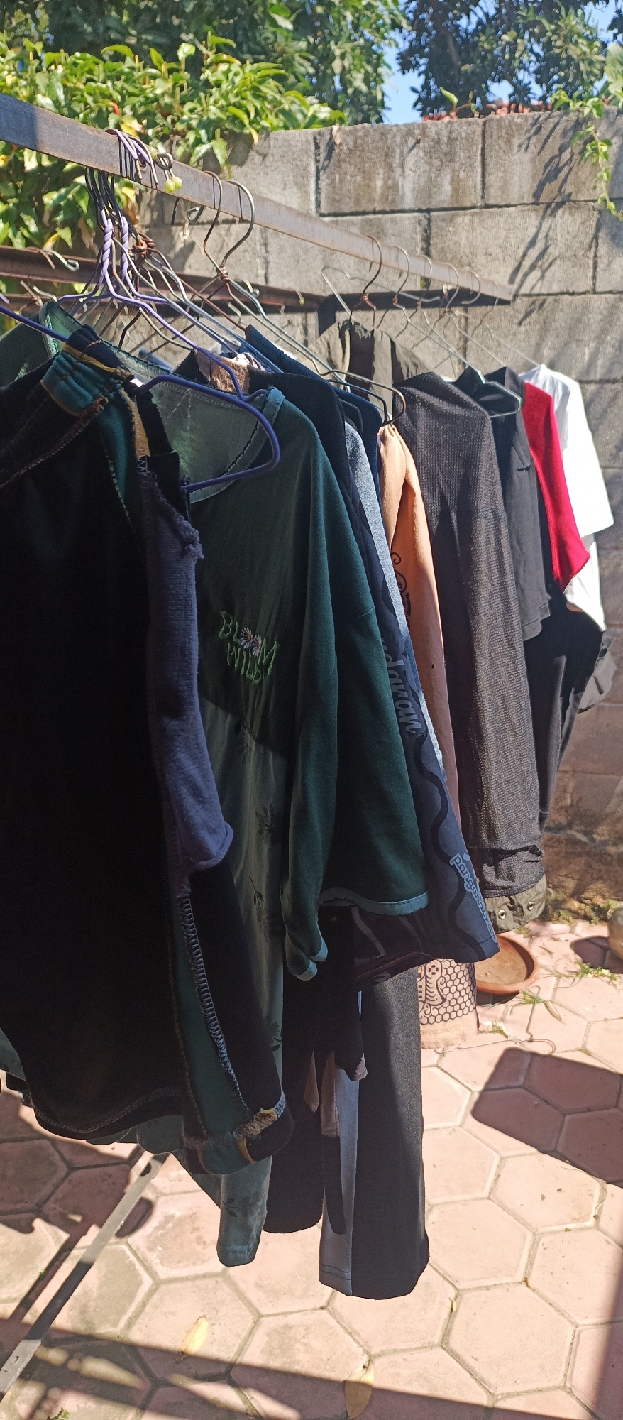 An outdoor clothing line with various garments hanging on metal hangers is shown against a textured concrete wall and lush green foliage in the background. The clothing items include a dark-colored jacket, a green long-sleeved shirt with floral embroidery that reads "BLOOM WILD", a light brown garment, a black sweater or long-sleeved shirt, a red t-shirt, and a white t-shirt. The ground is paved with hexagonal tiles and is partially covered by shadows. The scene appears to be a residential backyard or patio.
