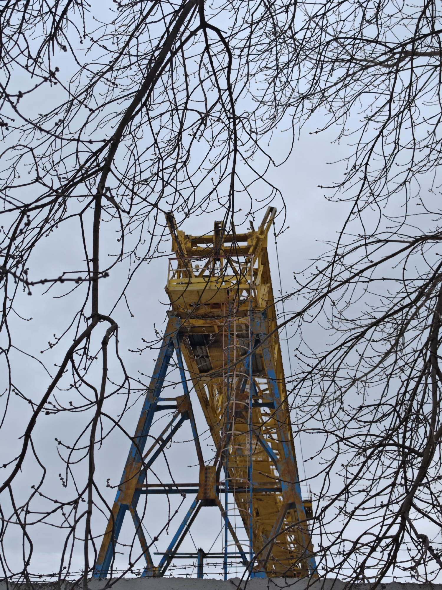 The image depicts a yellow and blue metal headframe viewed through bare tree branches. The structure is set against an overcast sky. The headframe is a lattice construction, with a ladder visible on one side. A concrete wall topped with barbed wire is partially visible at the bottom. The image was likely taken in Chaikovsky, Russia. No people are visible.