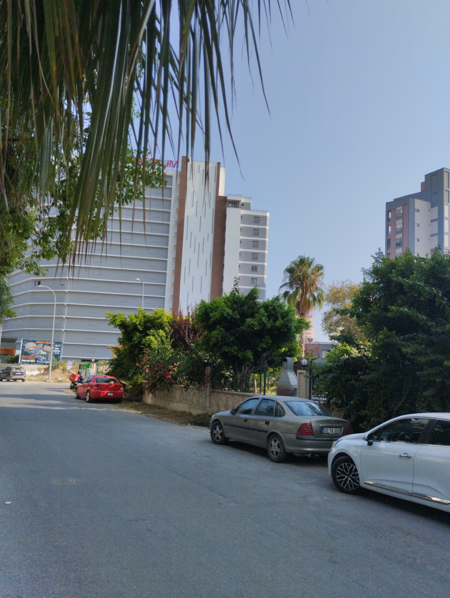 The image depicts a street scene in Erdemli, Turkey, likely during daylight hours with clear skies. In the foreground, a grey sedan is parked on the right side of the asphalt road, with its rear wheel visible. To its left, a light-colored sedan is parked parallel to the curb. Further down the road, a red sedan is also parked. A motorcycle with a red top box is visible behind the red car. Beyond the road and parked cars, a low stone wall runs along the property line, bordered by green bushes and flowering plants with red blossoms. Several trees, including a palm tree, are scattered throughout the scene. In the background, modern multi-story buildings are prominent. One large building on the left features a gray facade with horizontal white lines and some red accents. To the right, another building displays a gray and blue exterior with orange window frames. A billboard advertising residential properties is also visible on the left side of the road. Palm fronds hang from the upper left corner of the frame, obscuring parts of the sky and background buildings. No people are clearly visible in the image.