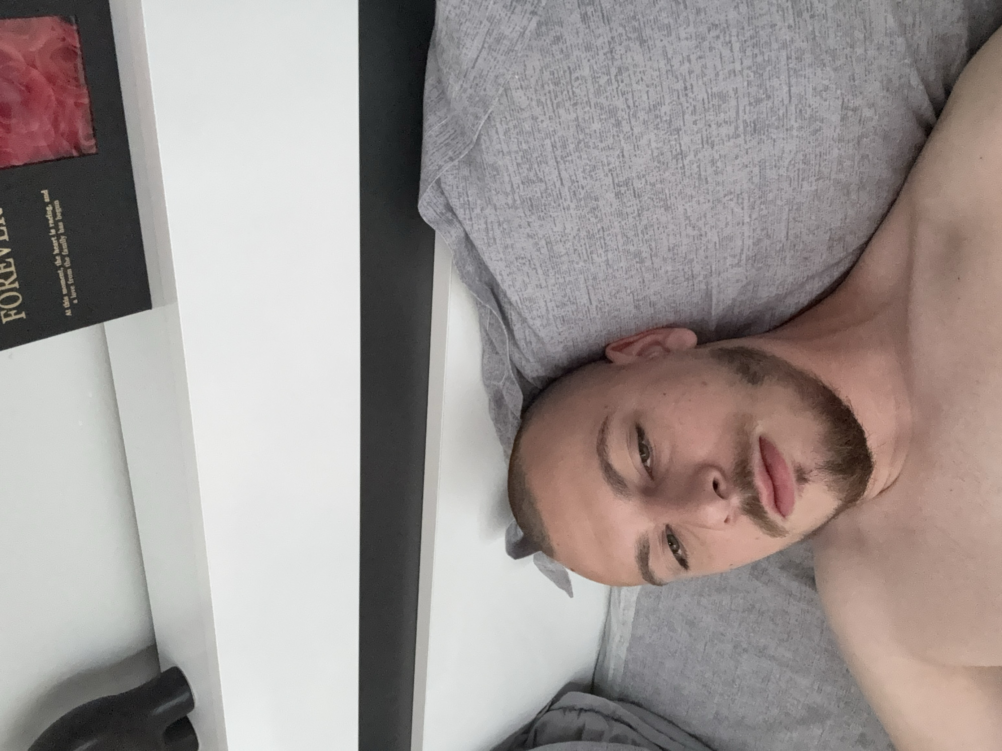 A man with a shaved head and a beard lies on a grey bed. He is looking up at the camera with his mouth slightly open. The man is shirtless. The background consists of a white wall with a black horizontal stripe across it. On the top of the wall, there is a framed picture with text that reads "FOREVER" and an image of red flowers. To the left of the frame, a black object, possibly a decoration, is visible on the shelf. The scene appears to be indoors, likely in a bedroom, and no specific landmarks of Stara Zagora, Bulgaria are discernible.