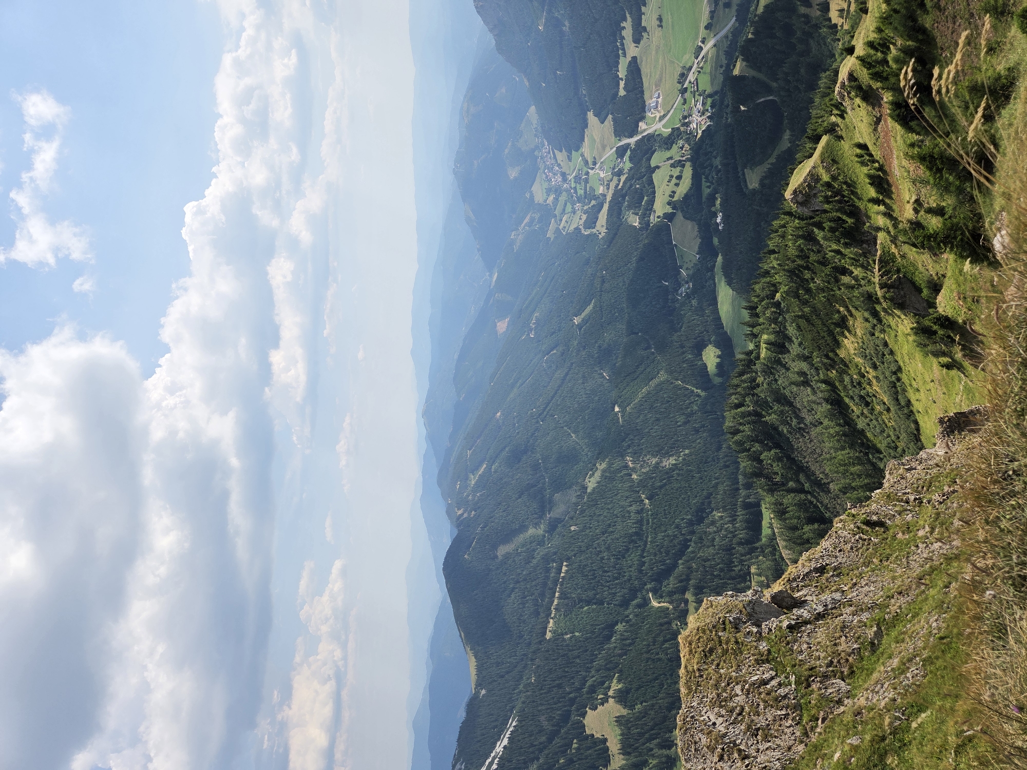 This is a landscape photograph taken from a high vantage point, overlooking a valley in the region of Vordernberg, Austria. The foreground features a rocky cliff face with sparse green grass and dry, wispy vegetation. Beyond the cliff, the terrain slopes downwards, covered in a dense coniferous forest. In the mid-ground, the valley opens up, revealing a winding road, scattered buildings, and cultivated fields. Further in the distance, a series of rolling mountains, cloaked in a haze of blue, stretch towards the horizon. The sky above is a bright blue, dotted with white cumulus clouds. There are no people or animals visible in the image. The scene depicts a serene, natural mountain environment.